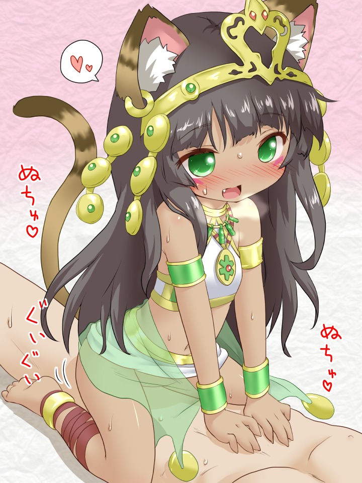 3:4 animal_humanoid anklet bastet_(puzzle_and_dragons) black_hair blush bodily_fluids bottomwear bracelet breath cat_humanoid cat_tail clothed clothing clothing_lift crown dark_body dark_skin domestic_cat duo e621 egyptian faceless_character faceless_male fangs felid felid_humanoid feline feline_humanoid felis female female_focus female_on_top green_eyes hair headgear heart_symbol human human_on_humanoid humanoid interspecies jewelry long_hair male male/female male_on_bottom mammal mammal_humanoid midriff natsu_no_koucha navel necklace on_bottom on_top open_mouth puzzle_and_dragons sex simple_background skirt skirt_lift solo_focus sweat teeth vaginal