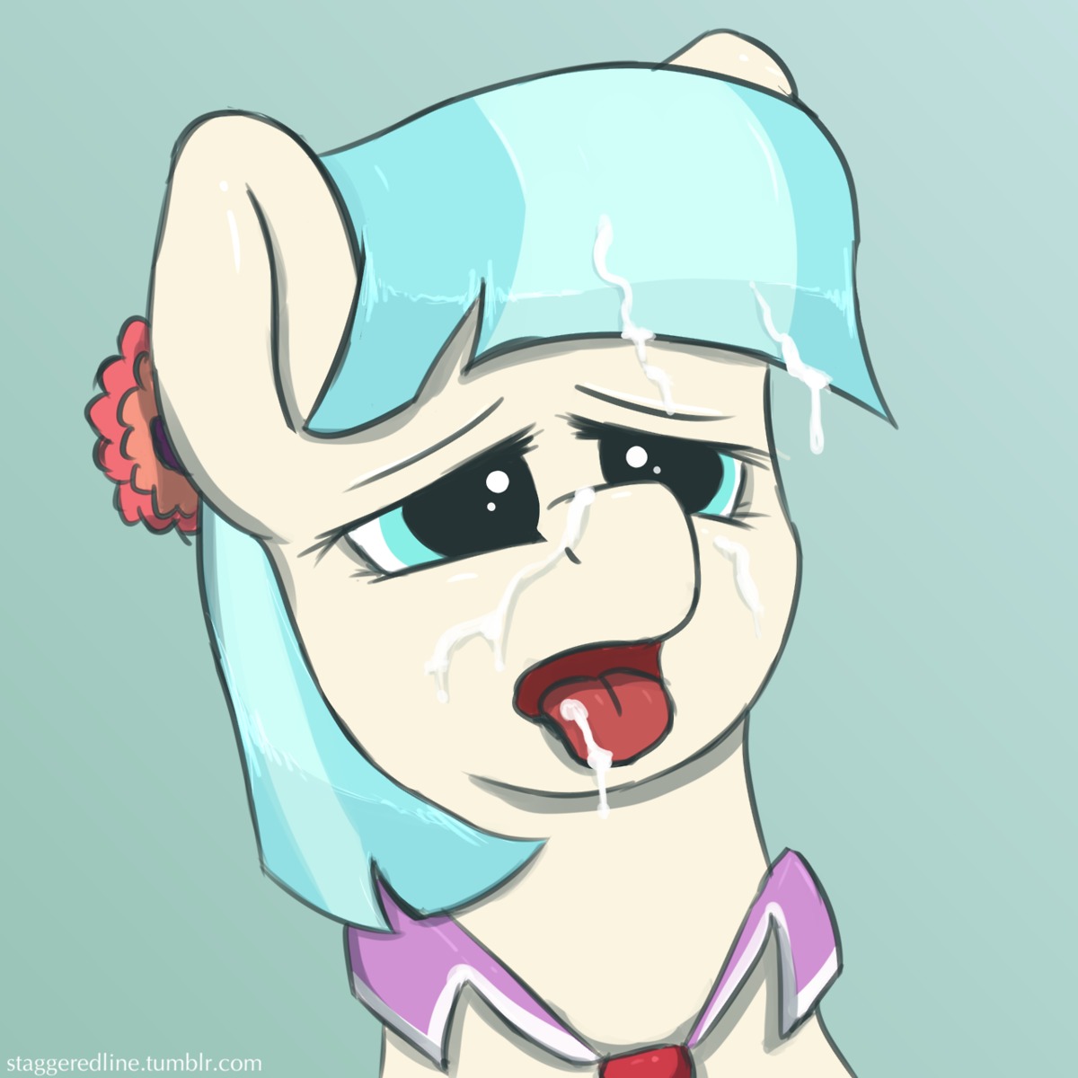 1:1 2014 blue_eyes blue_hair bodily_fluids coco_pommel_(mlp) cum cum_on_face e621 equid equine female friendship_is_magic fur genital_fluids hair hasbro hi_res horse mammal multicolored_hair my_little_pony open_mouth pony simple_background solo staggeredline tongue tongue_out two_tone_hair white_body white_fur