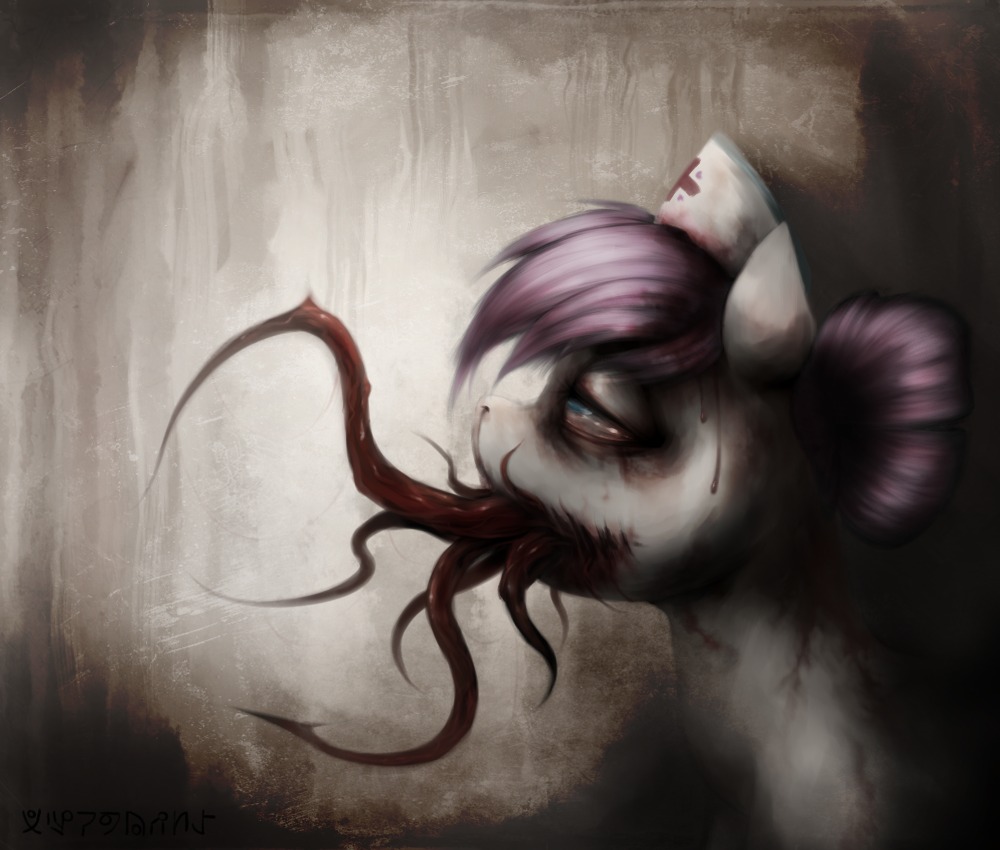 2013 blood blue_eyes bodily_fluids clothing dripping e621 earth_pony equid equine female feral friendship_is_magic fur gore hair half-closed_eyes hasbro hat headgear headwear horror_(theme) horse infection mammal my_little_pony narrowed_eyes nosebleed nurse_clothing nurse_hat nurse_headwear nurse_redheart_(mlp) open_mouth pink_hair pony red_cross simple_background solo tentacles ventious white_body white_fur