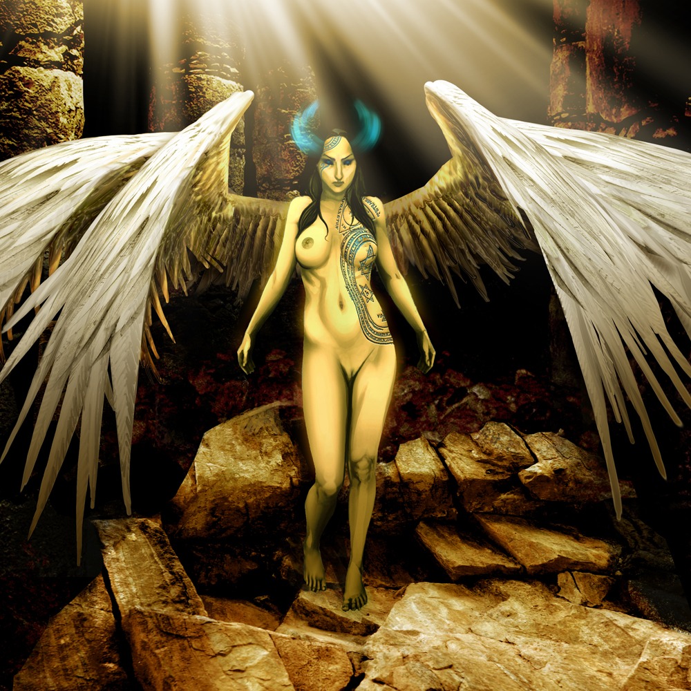 1:1 angel breasts e621 feathered_wings feathers female genitals humanoid nipples nude rock solo sunamori tattoo vulva wings