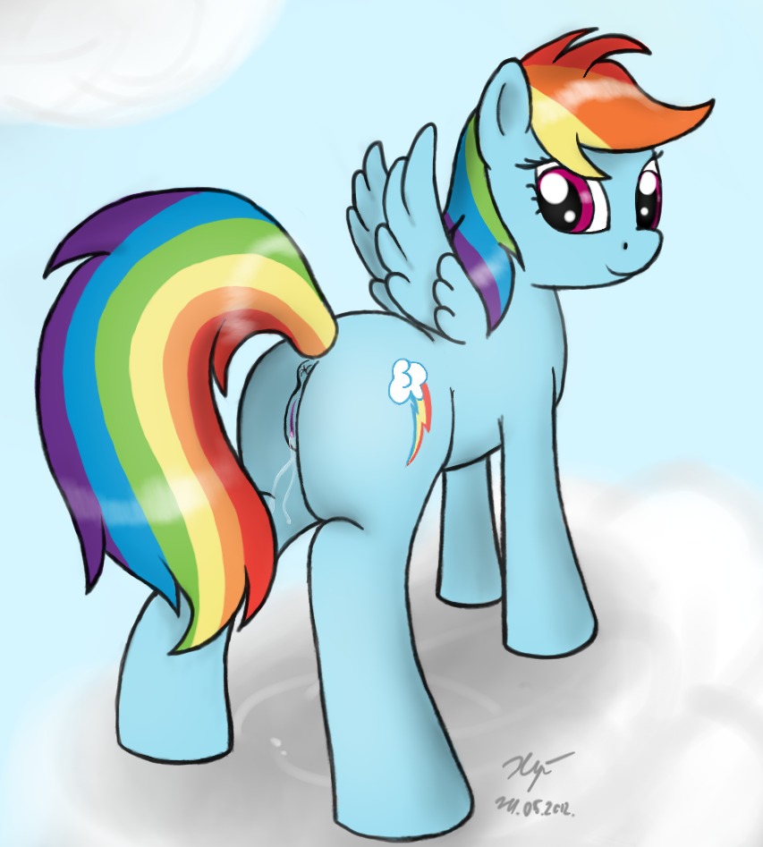 2012 anus blue_body blue_feathers blue_fur bodily_fluids cutie_mark e621 equid equine feathered_wings feathers female feral friendship_is_magic fur genital_fluids genitals hair hasbro looking_at_viewer looking_back mammal multicolored_hair multicolored_tail my_little_pony mythological_creature mythological_equine mythology pegasus purple_eyes rainbow_dash_(mlp) rainbow_hair rainbow_tail solo tail vaginal_fluids vulva wet wings xyi