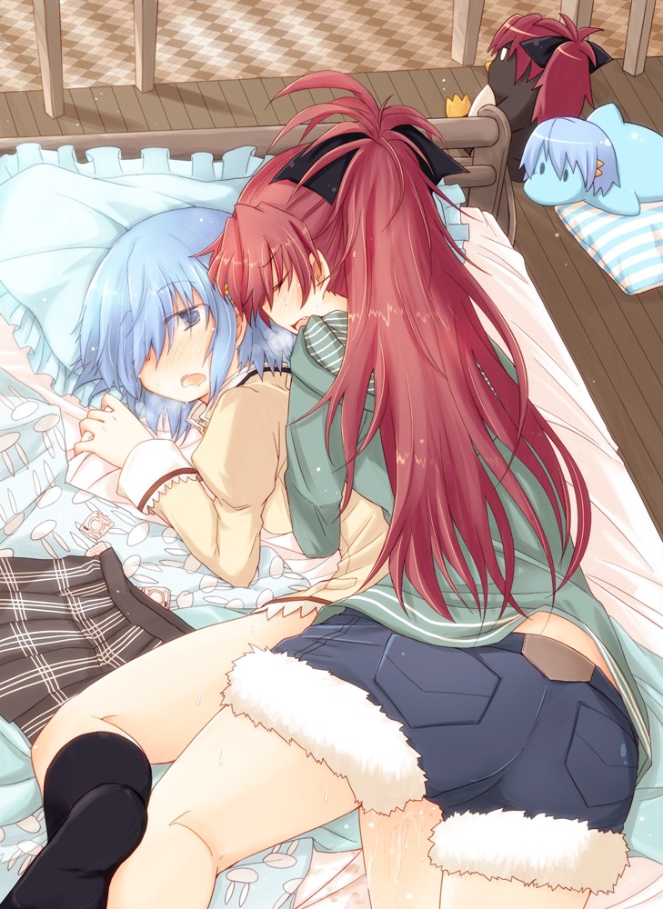 ass bed bird blue_eyes blue_hair blush bow closed_eyes clothes_removed condom female frottage futanari hairbow intersex long_hair mahou_shoujo_madoka_magica miki_sayaka multiple_females multiple_girls penguin pillow pussy pussy_juice red_hair rule34 sakura_kyouko school_uniform short_hair shorts skirt stuffed_animal stuffed_toy yasuio