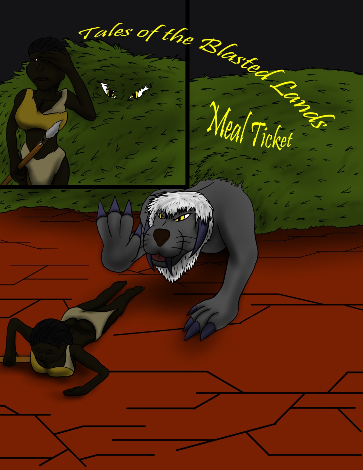 4_toes africa african black_hair blasted brown_eyes brown_nose claws clothed clothed_female clothed_human clothing duo e621 feet felid female fur grey_body hair hi_res holding_object holding_weapon horn human lion lying mammal monster on_front pantherine raregolddragon teeth tiger toe_claws toes tongue weapon white_body white_fur yellow_eyes