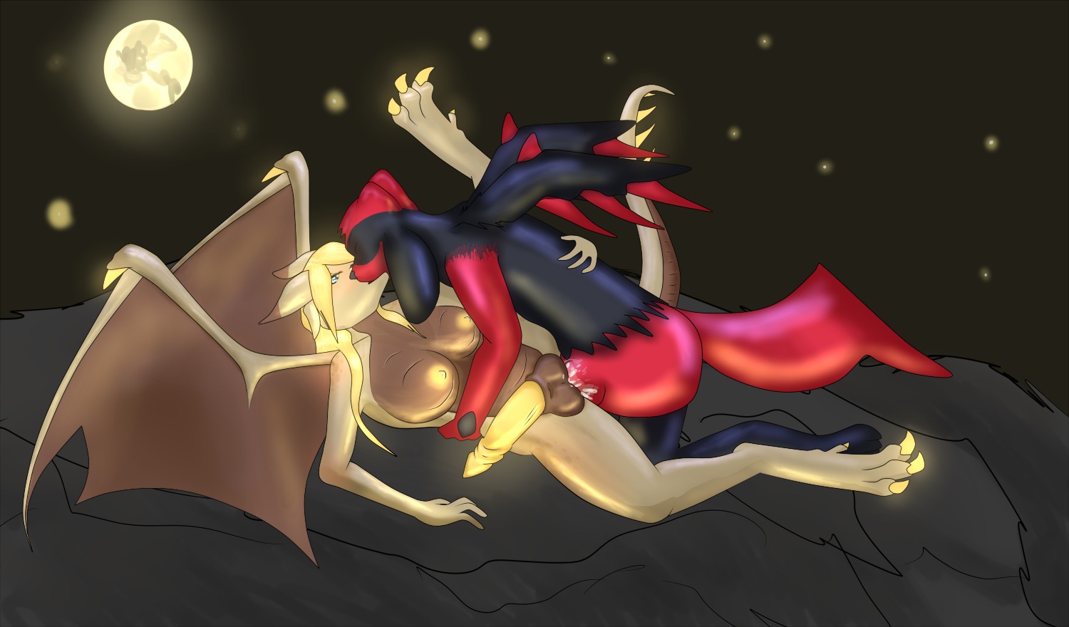 2014 alternate_color anthro balls big_breasts black_body black_fur black_hair black_nose blonde_hair bodily_fluids breasts butt canid canine chris_(typhlosionboy) claws cum cum_inside digital_media_(artwork) dragon duo e621 erection fan_character from_front_position fur generation_4_pokemon genital_fluids genitals giratina glowing glowing_claws glowing_genitalia glowing_nipples glowing_penis gynomorph gynomorph/male gynomorph_penetrated hair hybrid intersex intersex/male intersex_penetrated interspecies jaxneesen kissing legendary_pokemon long_hair lying male male_penetrating male_penetrating_gynomorph male_penetrating_intersex mammal membrane_(anatomy) membranous_wings missionary_position moon mythological_creature mythological_scalie mythology night nintendo nipples nude on_back open_mouth outside penetration penis pokemon pokemon_(species) red_body red_fur riolu scalie sex spread_legs spreading tail tapering_penis wings yellow_penis ziyana_(chndragon)