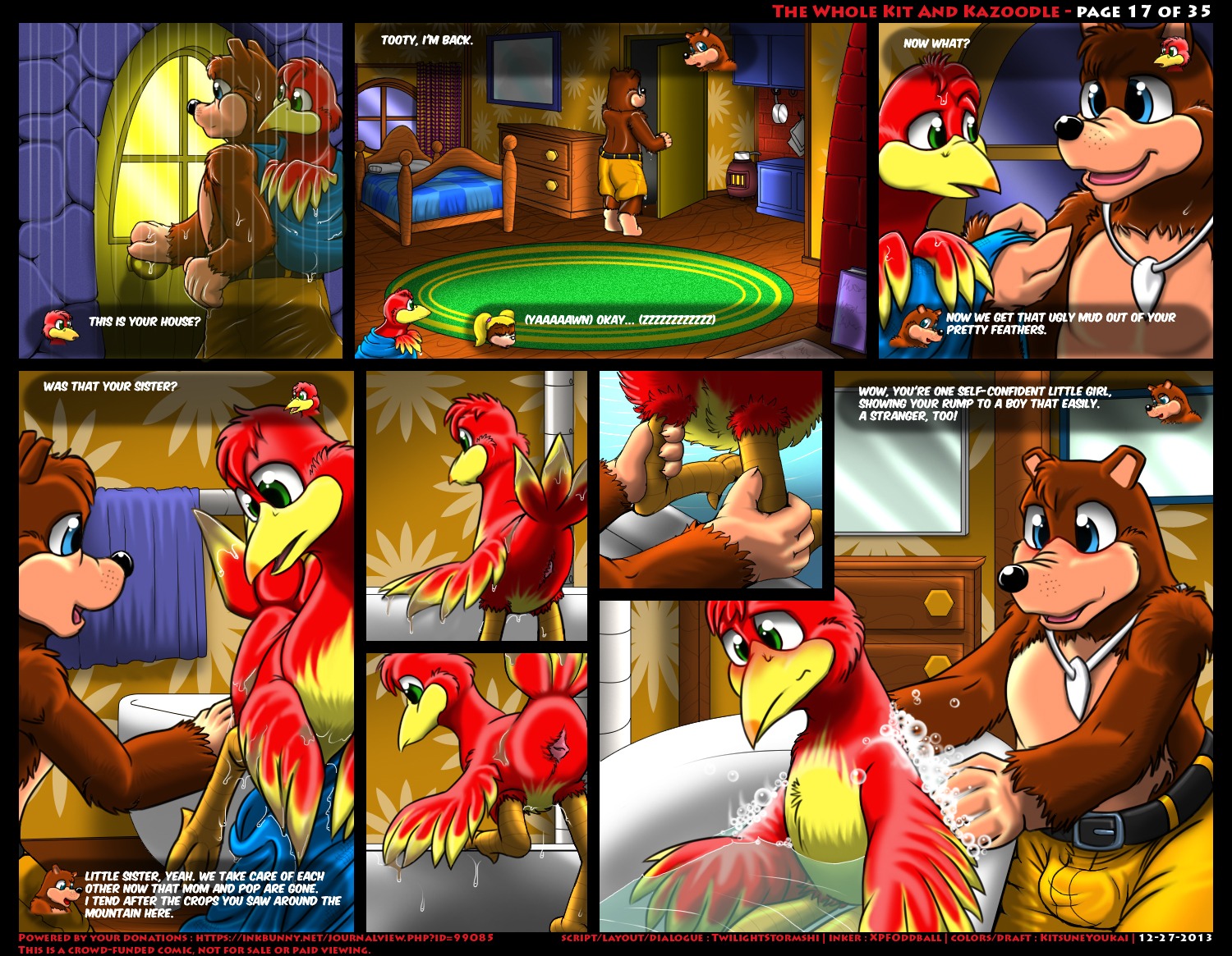 2013 animal_genitalia anthro avian backpack banjo-kazooie banjo_(banjo-kazooie) bathing_another bathroom bathtub beak bear bedroom belt bird blue_eyes blush bottomwear breegull brown_body brown_fur building cloaca clothing comic container detailed_background dialogue door duo e621 embarrassed english_text erection feathered_wings feathers female fur genitals green_eyes horizontal_cloaca house in_bag in_container inside jewelry kazooie kitchen kitsune_youkai male mammal mud necklace nude outside penis rareware red_body red_feathers scales sexual_tension shorts sibling_(lore) soap tent text towel twilightstormshi water wet window wings
