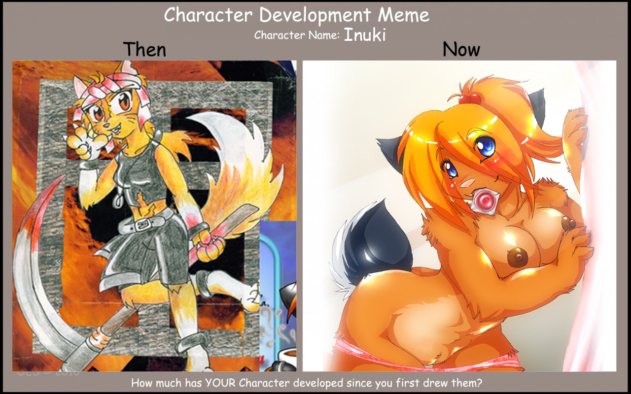 1990s 1999 2010 20th_century art_progression black blood blue_eyes blush breasts brown_nipples comparison condom condom_in_mouth female hair hair_over_eyes inuki inuki_(character) long_hair looking_at_viewer nipples nude orange orange_eyes orange_hair pussy rule34 scythe shiny solo tail weapon white_background white_fur