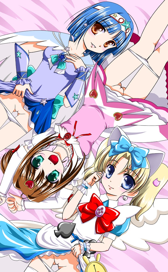 3girls animal_ears arms_up bed_sheet blonde_hair blue_eyes blue_hair bow cat_ears dress dress_lift earrings female female_only green_eyes hairbow jewelpet jewelpet_twinkle jewelry looking_at_viewer lying magical_girl miria_marigold_mackenzie multiple_females multiple_girls on_back open_mouth orange_eyes panties panty_pull pussy rule34 sakura_akari sanrio sara_(jewelpet) short_sleeves uncensored wings wrist_cuffs yami_no_kohaku