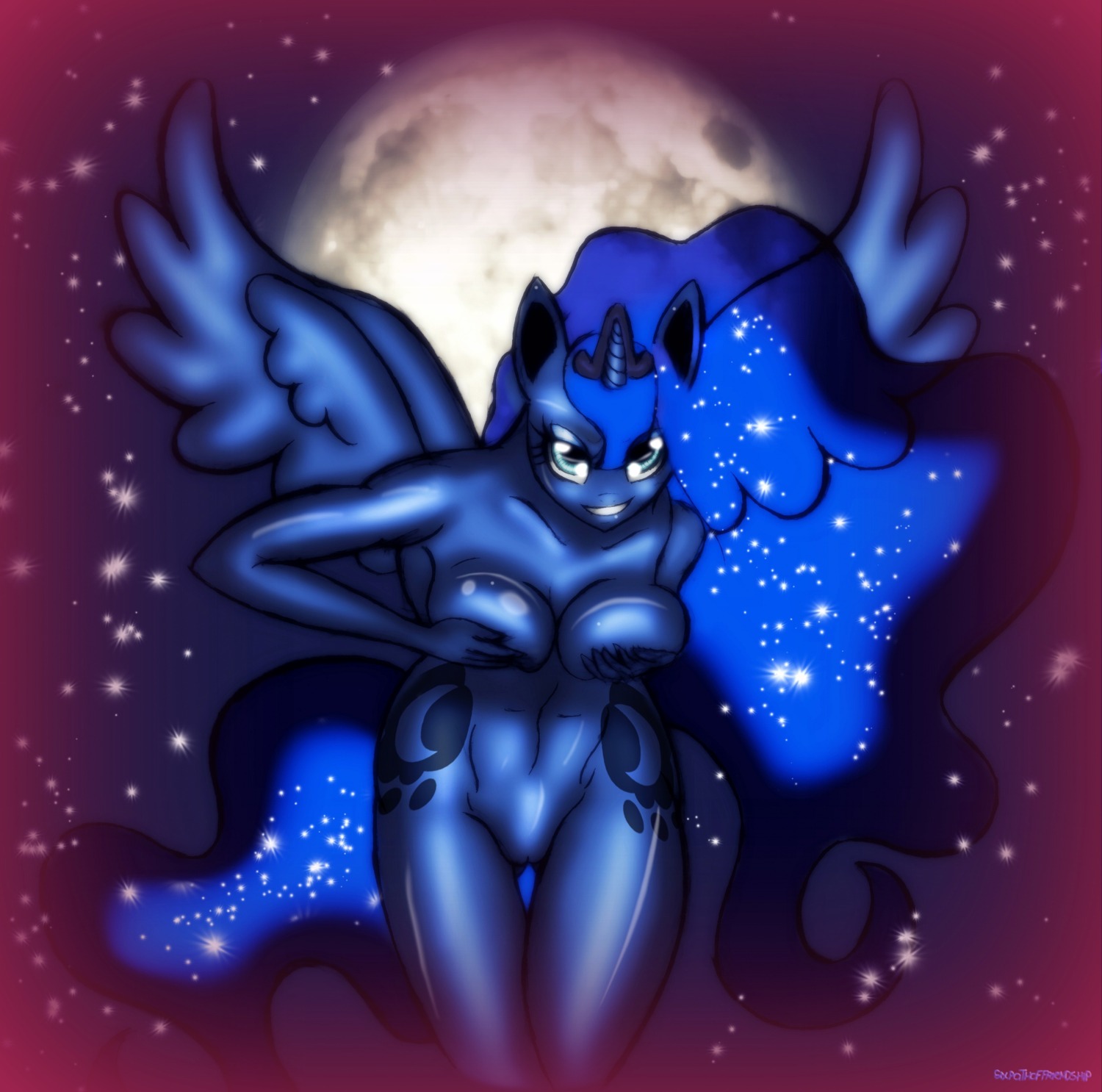 absurd_res anthro anthrofied blue_body blue_feathers breast_squish breasts covering covering_self crown digital_media_(artwork) e621 equid equine feathered_wings feathers female friendship_is_magic genitals hasbro headgear hi_res horn looking_at_viewer mammal moon my_little_pony mythological_creature mythological_equine mythology navel night nude princess princess_luna_(mlp) royalty sixpathoffriendship smile solo squish star teeth tiara translucent vulva winged_unicorn wings
