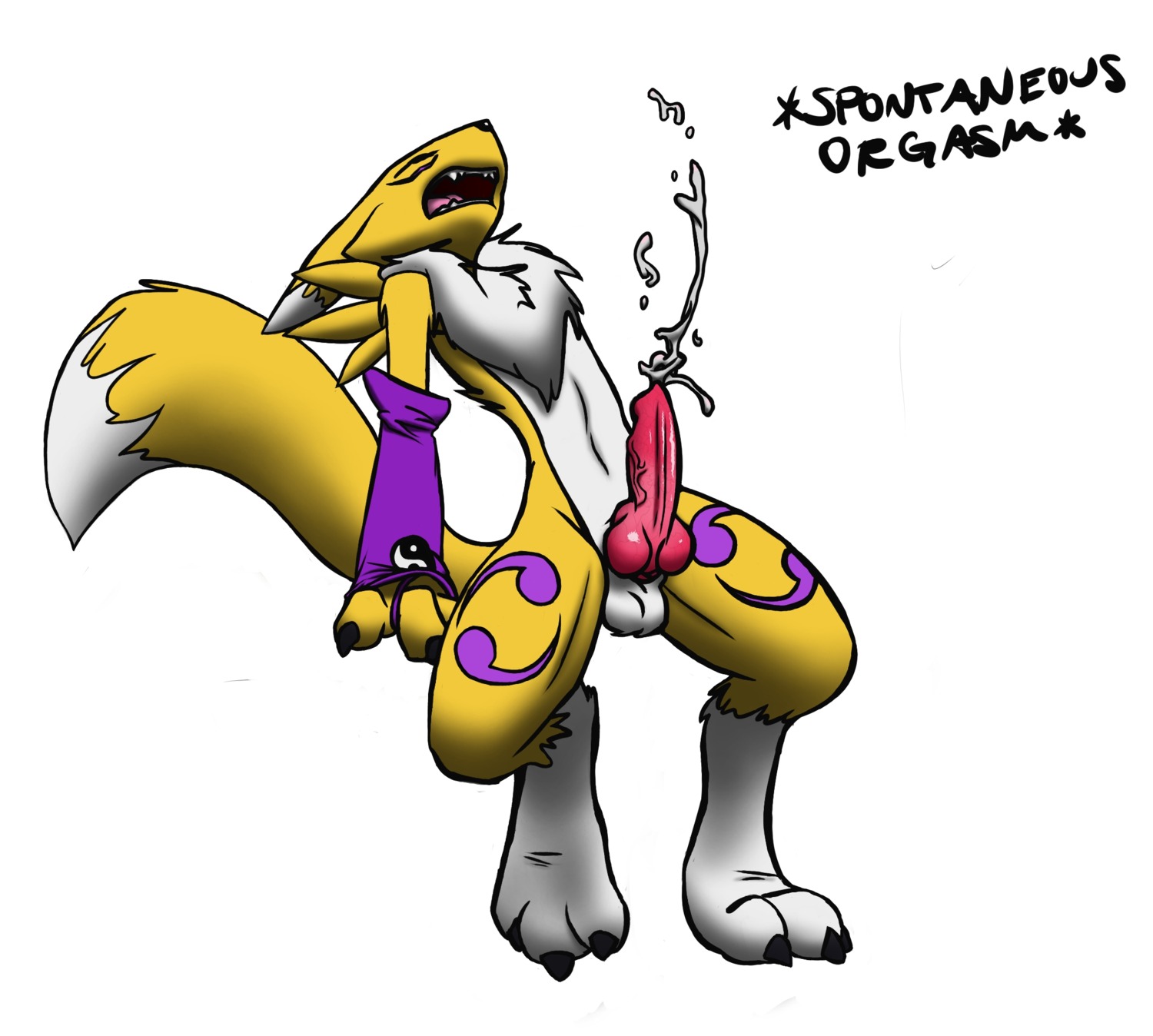 animal_genitalia animal_penis anthro balls bandai_namco bodily_fluids canid canine canine_genitalia canine_penis cobaltsynapse cum cumshot digimon digimon_(species) e621 ejaculation erection eyes_closed fur genital_fluids genitals hands-free hi_res knot male mammal open_mouth orgasm_face penis premature_ejaculation renamon solo spontaneous_ejaculation text third-party_edit triknot vein white_body white_fur yellow_body yellow_fur