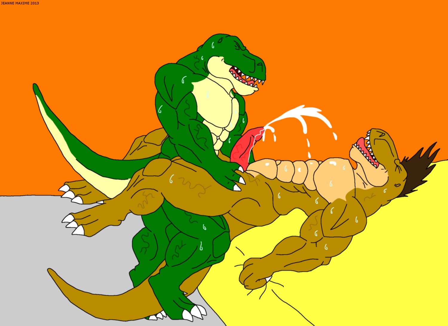 2013 abs anal anal_penetration anthro athletic balls bed biceps big_penis bodily_fluids brown_body brown_hair brown_skin claws cum cum_on_belly cum_on_body cum_on_chest cum_string cum_while_penetrated cumshot dinosaur duo e621 ejaculation erection eyes_closed fangs furniture genital_fluids genitals grabbing_sheets green_body green_skin hair hands-free hi_res jonathan_alexander lying male male/male male_penetrated male_penetrating male_penetrating_male maxime-jeanne muscular nude on_back open_mouth orange_background orgasm pecs penetration penis prehistoric_species red_penis reptile saurischian scales scalie sex simple_background standing sweat table_lotus_position tail teeth theropod thomas_carter toe_claws tongue tyrannosaurid tyrannosauroid tyrannosaurus tyrannosaurus_rex vein yellow_body yellow_skin