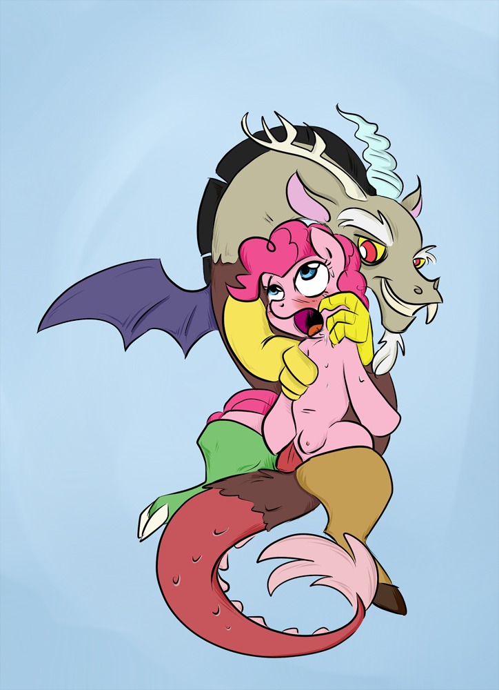 2013 antlers black_hair blush bodily_fluids chimera digital_media_(artwork) discord_(mlp) draconequus drooling duo e621 equid equine female feral friendship_is_magic fur hair hasbro horn horse interspecies lordofdiscord male male/female mammal membrane_(anatomy) membranous_wings my_little_pony on_bottom on_top pink_hair pinkie_pie_(mlp) pony red_eyes reverse_cowgirl_position saliva sex sweat tail tail_tuft teats tuft wings
