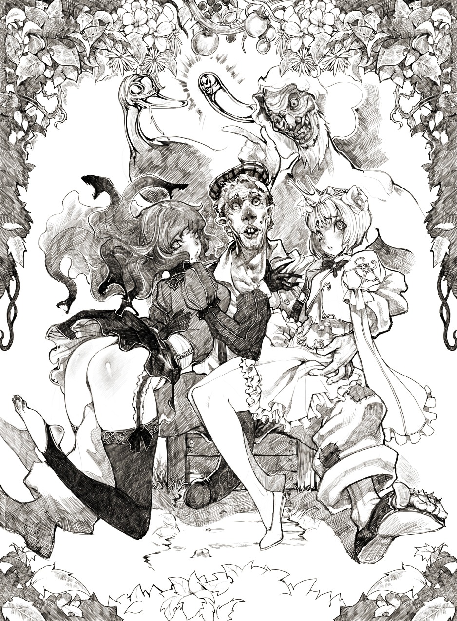 2girls beret buckteeth copyright_request crate crates crown feet female flower food frills fruit garters gloves gold hat highres huge_cock jeffr leaf leaves legs male mole monochrome old_male patches penis phallic_symbol pointy_ears ruffles rule34 saliva shadow shiny short_hair snake straight_hair thorns toeless_legwear toes traditional_media vines