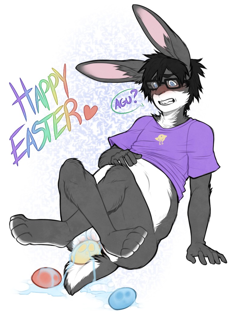 aalto_eskola anal anal_oviposition anal_penetration anthro anus balls blush bottomless clothed clothing e621 easter egg egg_bulge egg_inflation english_text eyewear genitals glasses holiday_message holidays lagomorph leporid male mammal oviposition penetration rabbit solo text the-narutoshi