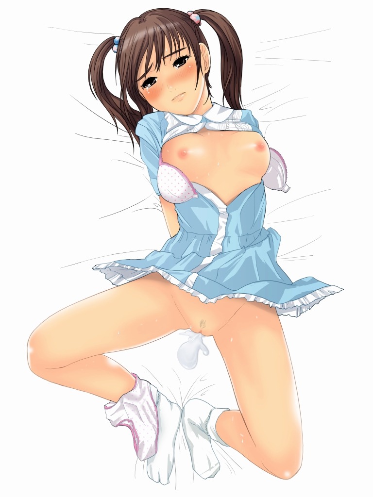 1girls blush bra bra_open breasts breasts_out character_request clothing copyright_request female gossa-tei medium_breasts panties panties_around_leg panties_around_one_ankle peeing pubic_hair pussy restrained rule34 shirt_lift solo spread_legs tears uncensored white_bed_sheet young