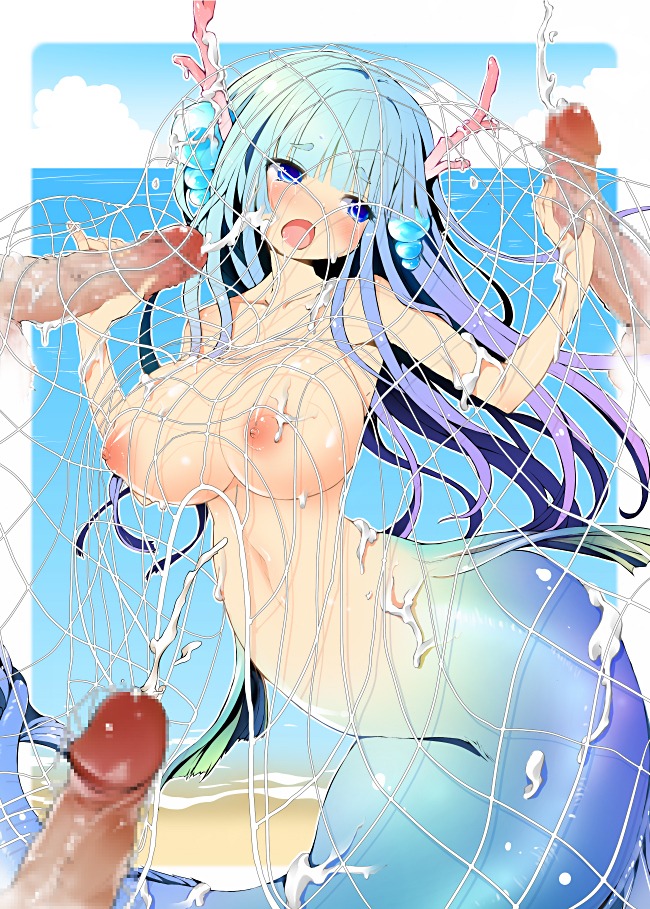 3boys beach blue_eyes blue_hair blush breasts bukkake censored coral cum cum_on_body cum_on_breasts cum_on_upper_body double_handjob facial female hair_ornament handjob large_breasts long_hair male merfolk mermaid monster_girl multicolored_hair multiple_boys multiple_males multiple_penises net nipples nude ocean open_mouth original penis purple_hair rule34 sakurano_miya