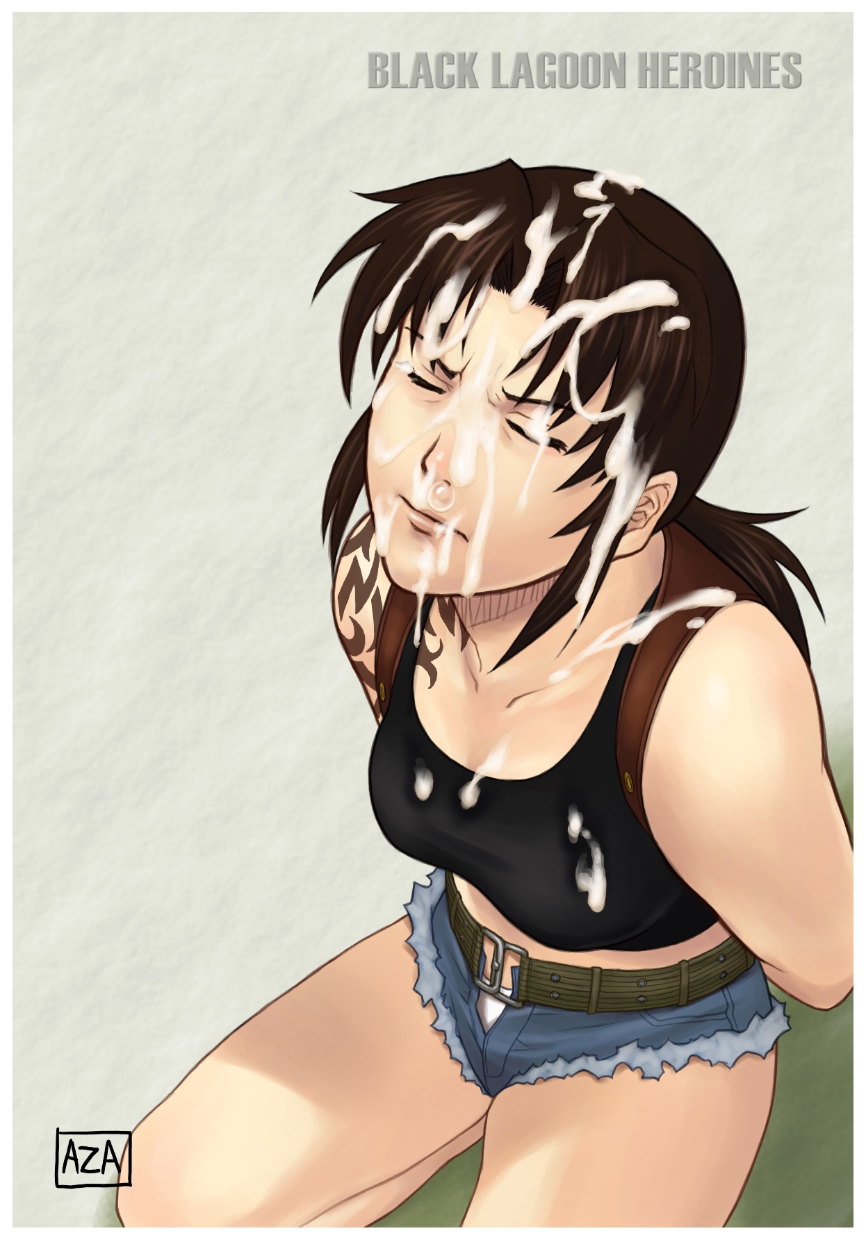 1girls arms_behind_back azasuke belt black_lagoon breasts brown_hair closed_eyes cum cum_bubble cum_on_body cum_on_breasts cum_on_clothes cum_on_hair cum_on_upper_body daisy_dukes denim denim_shorts facial female highres holster kneeling long_hair panties ponytail revy rule34 short_shorts shorts solo tank_top tattoo tied_hair underwear white_panties