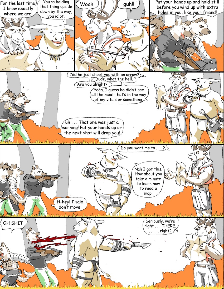 anthro antlers arrow_(weapon) axe blood bodily_fluids bovid bovine comic crossbow death decapitation deer dialogue dio_(reiger) e621 english_text european_mythology greek_mythology group horn humor hyena jewelry killing kowa_(reiger) male male_death mammal melee_weapon minotaur moose mythology necklace new_world_deer nipples overweight plant profanity ranged_weapon reiger severed_body_part severed_head slightly_chubby snuff spotted_hyena tail text tree weapon wood wounded