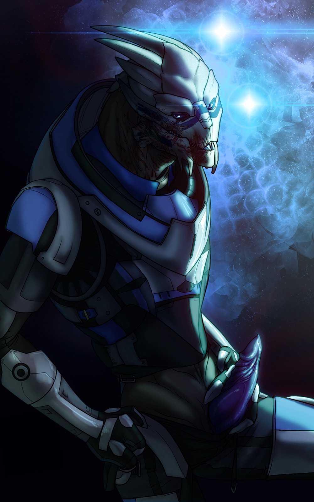 alien anthro armor bioware e621 electronic_arts erection garrus_vakarian genitals hi_res male mass_effect nude penis piranhapettingzoo scar solo space turian