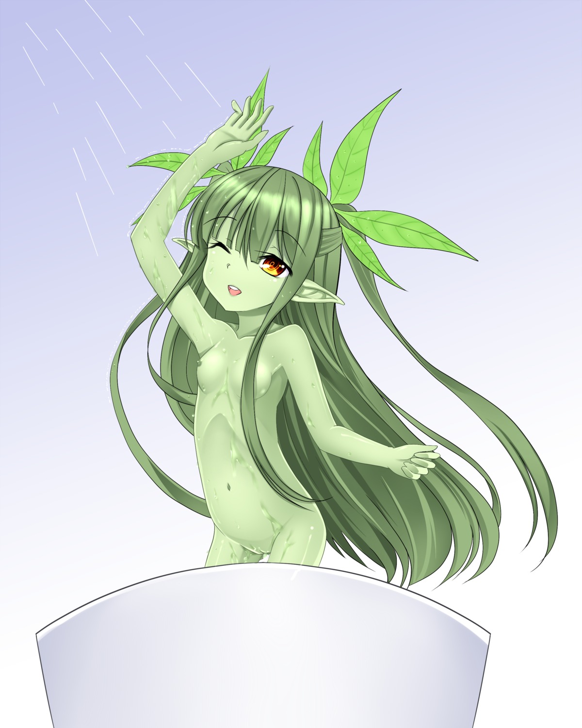 4:5 absurd_res amber_eyes e621 elemental_creature female flora_fauna genitals green_body green_hair green_skin green_tea hair hi_res humanoid humanoid_pointy_ears kiyomin long_hair monster monster_girl_(genre) navel nipples nude one_eye_closed plant pointy_ears raised_arm solo vulva water wet wink