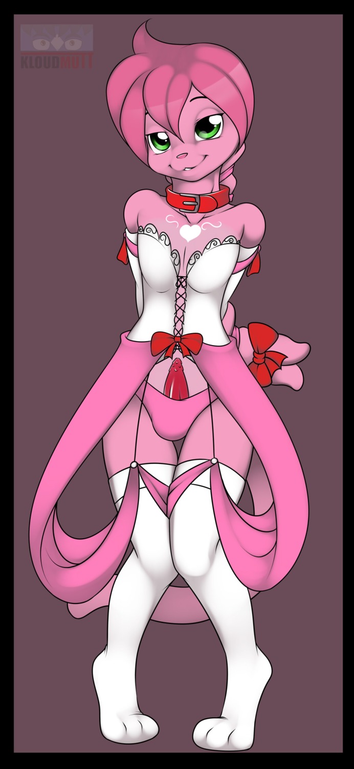 2013 anthro biped black_border border clothed clothing collar crossdressing digital_media_(artwork) domestic_cat dress e621 erection felid feline felis femboy genitals green_eyes hair heart_symbol hi_res hybrid kloudmutt lagomorph legwear leporid male mammal panties penile_spines penis pink_hair pink_theme rabbit ribbons solo standing stockings underwear