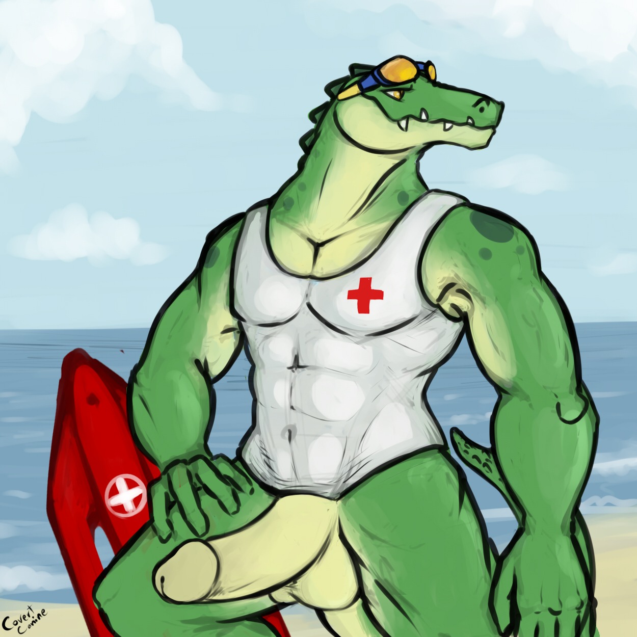 1:1 2013 5_fingers abs anthro athletic bald balls beach biceps big_muscles big_penis biped bottomless clothed clothing cloud countershading covertcanine crocodile crocodilian detailed_background e621 erection eyewear fangs fingers genitals goggles green_body green_nose green_penis green_skin grin happy hi_res humanoid_genitalia humanoid_penis league_of_legends lifeguard looking_away male manly muscular muscular_anthro muscular_male non-mammal_balls nude outside pecs penis pool_party_renekton pose presenting red_cross renekton reptile rescue_buoy riot_games sand scales scalie sea seaside sharp_teeth shirt sky smile solo standing sunny tank_top teeth tencent thick_penis tight_clothing topwear water yellow_eyes