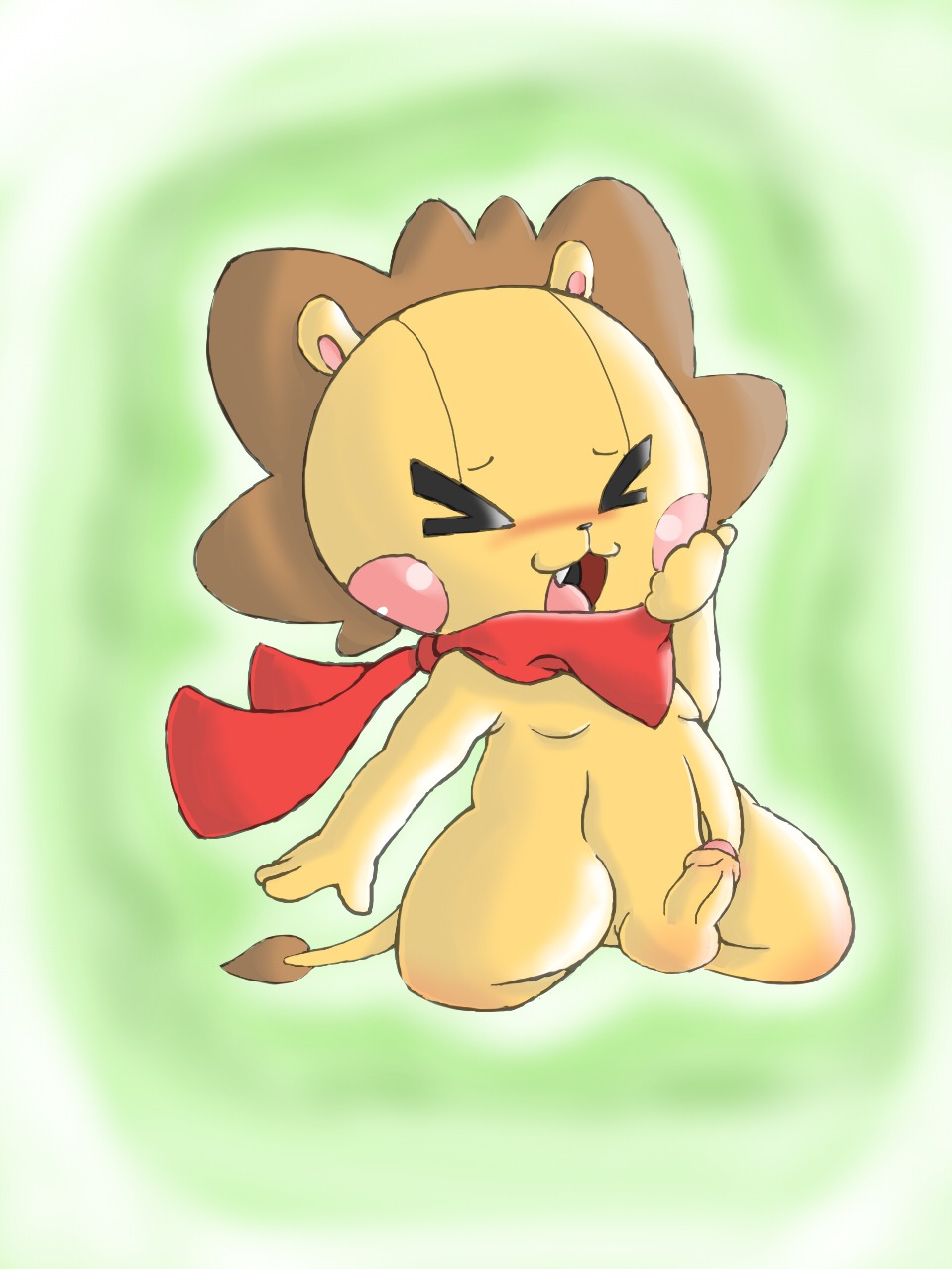 >_< 1boy animal_ears bandana blush body_fur closed_eyes erection fang full_body furry furry_male green_background hand_on_own_cheek hand_on_own_face hand_up happy kneeling lion_boy male male_focus maplestory nude open_mouth penis red_bandana red_neckerchief red_scarf rule34 scarf scarlion simple_background tagme tail testicles uncensored yellow_fur