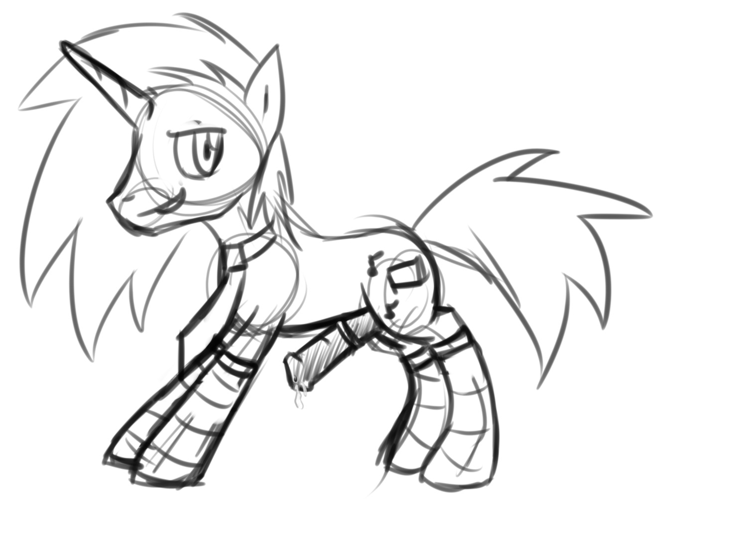 4:3 accessory black_and_white clothing cutie_mark e621 equid equine erection feral footwear genitals hasbro hi_res horn legwear looking_at_viewer male mammal monochrome my_little_pony mythological_creature mythological_equine mythology necktie penis quadruped simple_background sketch socks solo tail unicorn unknown_artist white_background