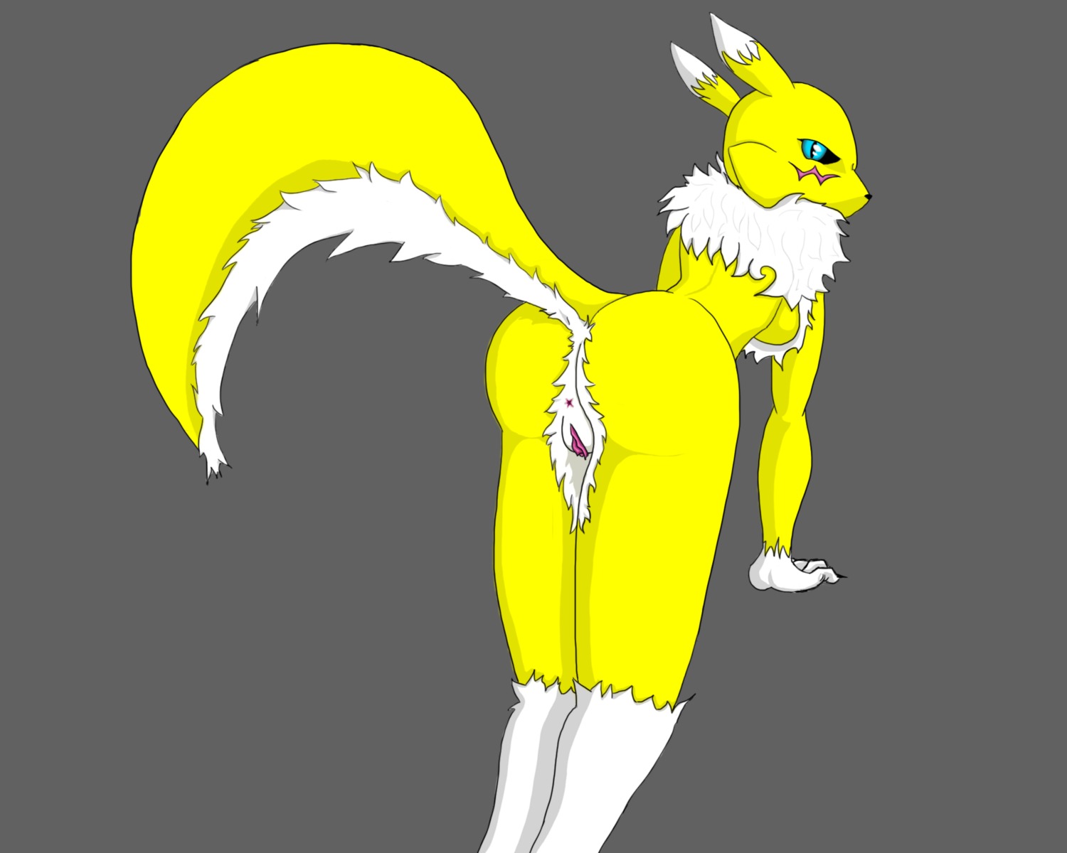 5:4 anthro bandai_namco bent_over black_sclera butt canid canine digimon digimon_(species) e621 female fur genitals green_eyes grey_background hi_res looking_back mammal renamon simple_background solo tail unknown_artist vulva white_body white_fur yellow_body yellow_fur