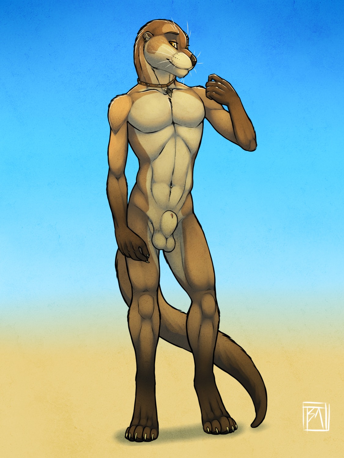 2014 3:4 animal_genitalia anthro athletic athletic_anthro athletic_male balls david_(michelangelo) detached_sheath digitigrade e621 ear_piercing fully_sheathed genitals hi_res jewelry kiva_(tsaiwolf) looking_at_viewer male mammal mustelid navel neck_muscles necklace nude otter piercing pose sheath simple_background slim smile solo tsaiwolf whiskers yellow_eyes