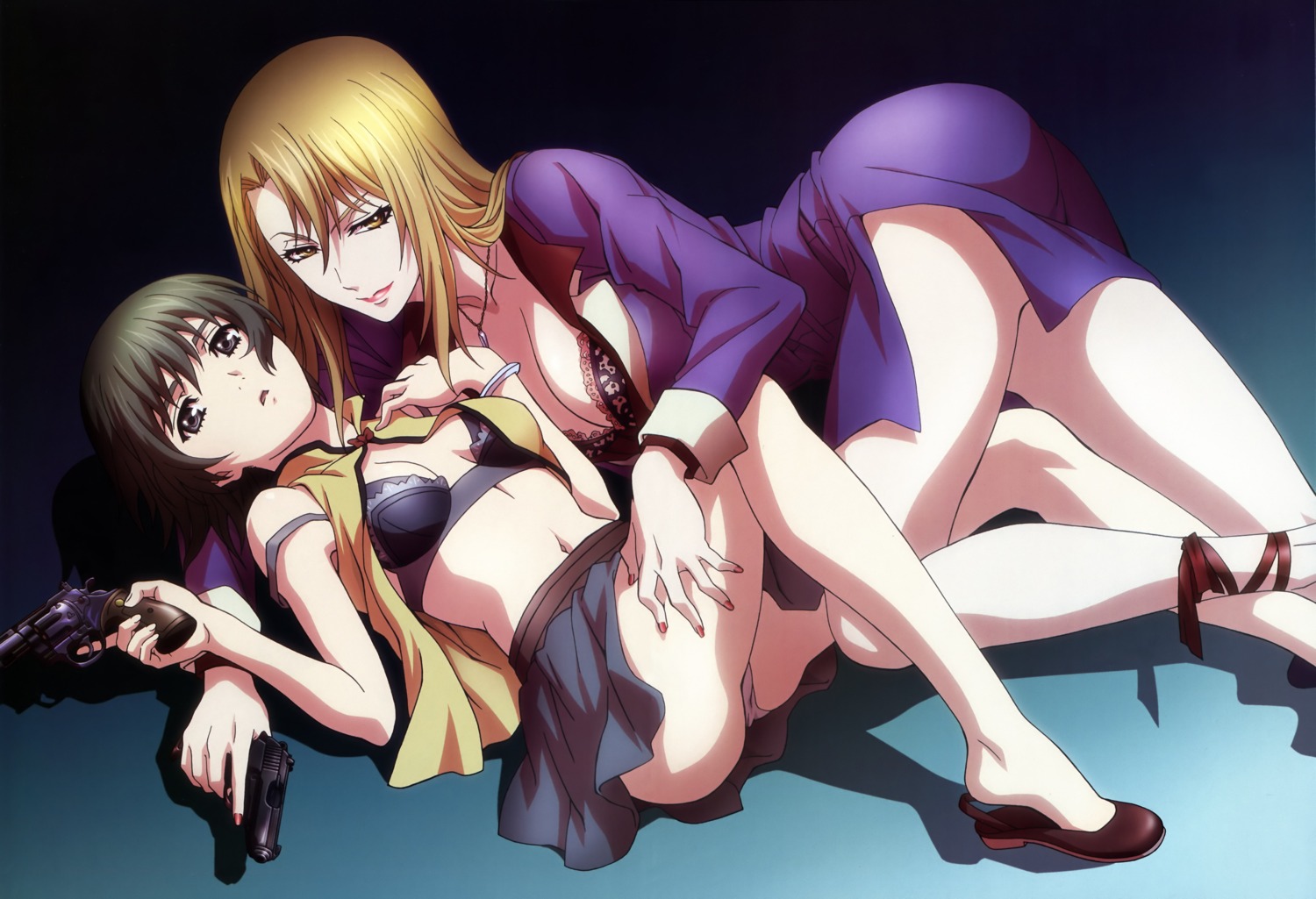 bra claudia_mccunnen cleavage clothing ein_(phantom) female firearm gun handgun human multiple_females multiple_girls open_clothes open_shirt pale_skin panties phantom_of_inferno revolver rule34 shirt weapon yuri