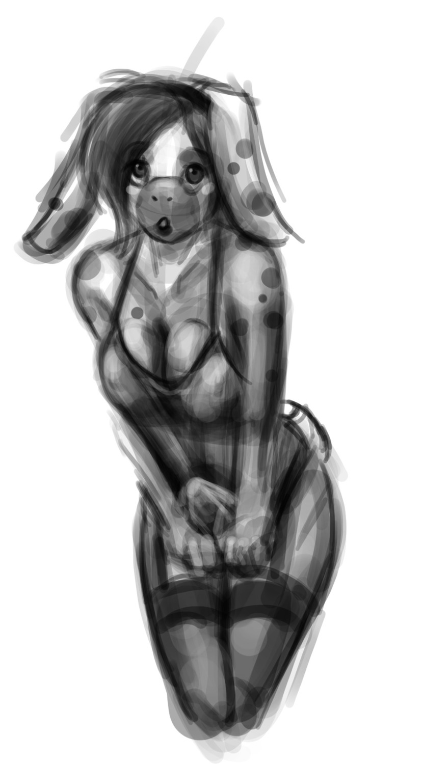 bottomwear breasts bulge cleavage clothed clothing dare_(artist) dress e621 erection genitals greyscale gynomorph hi_res intersex jazminbunni lagomorph legwear leporid looking_at_viewer mammal monochrome penis rabbit simple_background skirt solo spots stockings surprised white_background