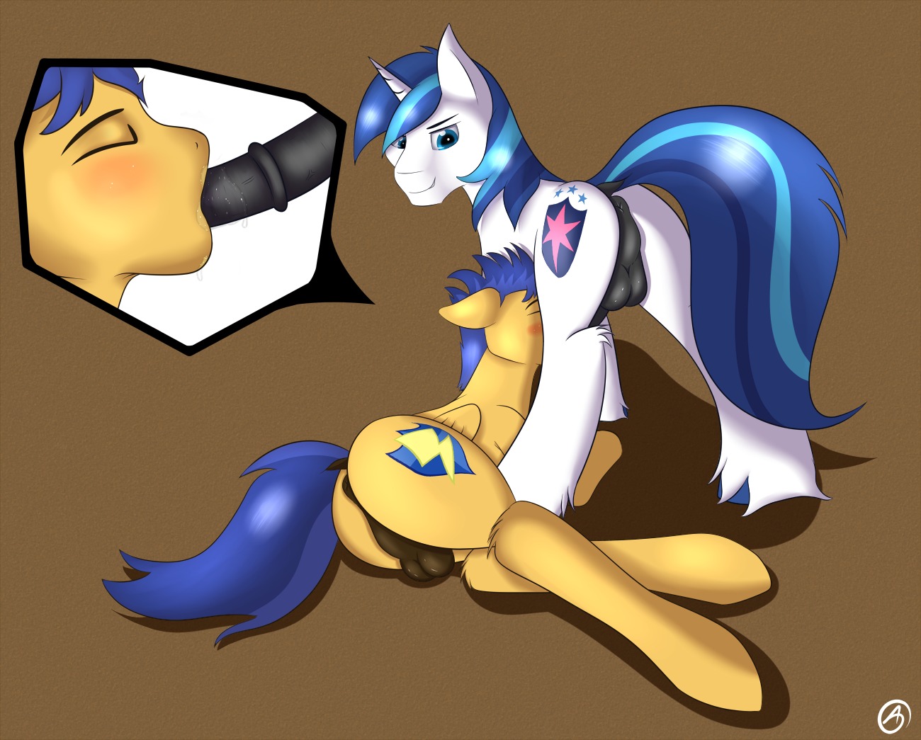 anatomically_correct animal_genitalia animal_penis anus backsack balls blue_eyes blue_hair blush bodily_fluids brown_background brown_body brown_feathers butt capseys cutie_mark drooling duo e621 equid equine equine_genitalia equine_penis erection eyes_closed feathered_wings feathers fellatio feral fetlocks flash_sentry_(mlp) friendship_is_magic fur genitals hair hasbro hooves horn looking_back looking_down lying male male/male male_penetrated male_penetrating male_penetrating_male mammal multicolored_hair my_little_pony mythological_creature mythological_equine mythology on_side oral oral_penetration orange_body orange_fur pegasus penetration penile penis saliva sex shining_armor_(mlp) simple_background two_tone_hair unicorn white_body white_fur wings yellow_body yellow_fur