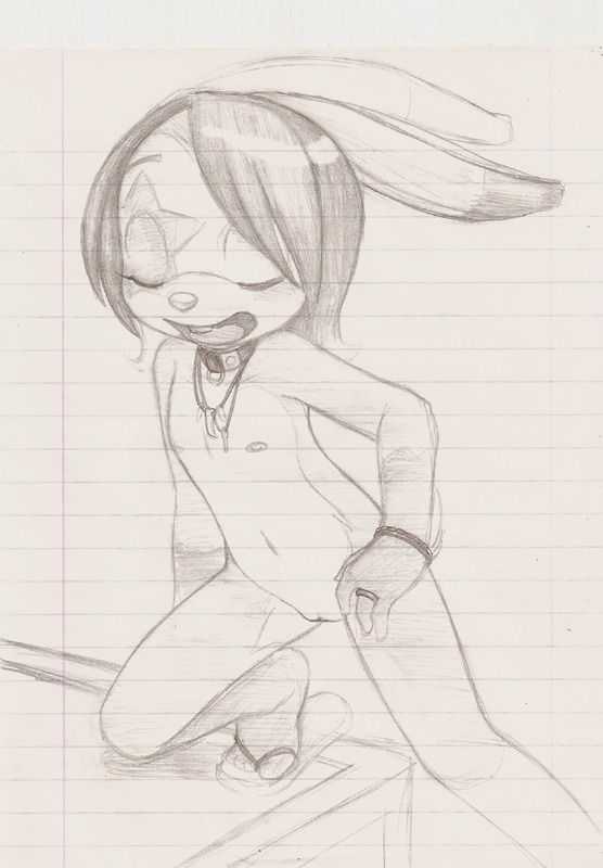 anthro black_and_white collar e621 female genitals graphite_(artwork) humanoid_genitalia humanoid_vulva lagomorph leporid lined_paper loli mae_(paige) mammal markings monochrome notebook_paper_background nude paige_(artist) rabbit sketch solo star_(marking) traditional_media_(artwork) vulva young young_anthro young_female