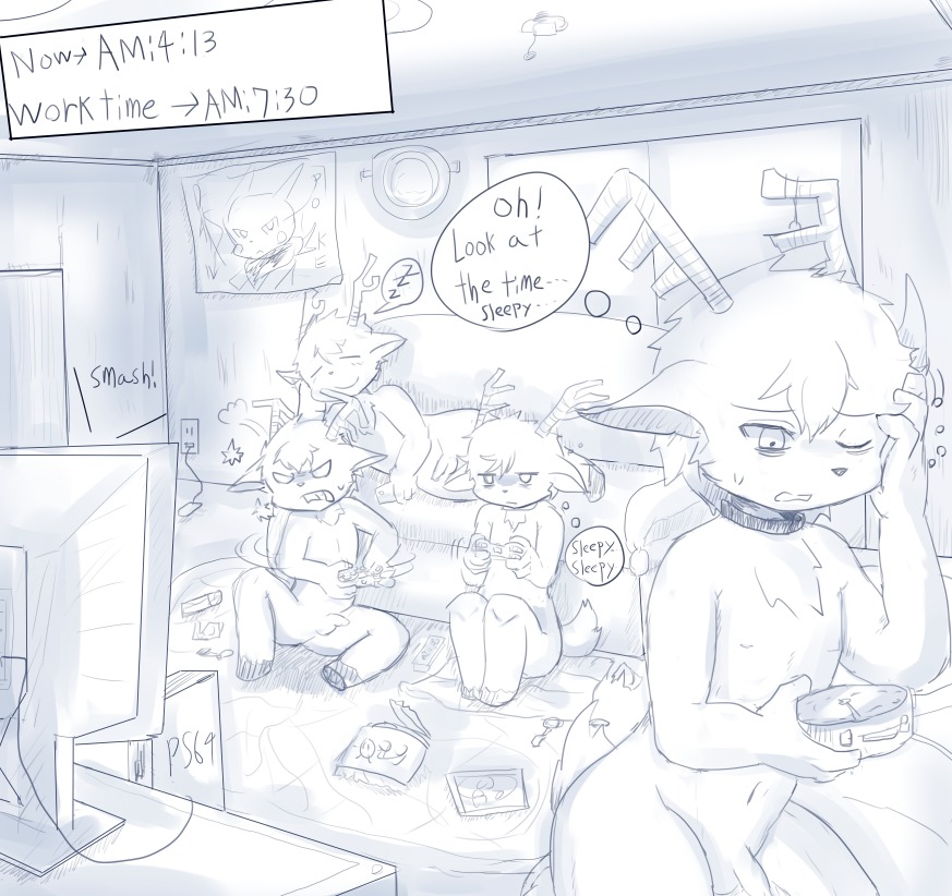 2013 4_fingers alarm_clock angry anthro antlers arm_support arms_bent balls bent_legs casual_nudity clock collar contact_onomatopoeia controller deer dialogue different_sound_effects digital_media_(artwork) dualshock dualshock_3 e621 electrical_outlet electronics english_text eyes_closed fingers flaccid front_view frown game_console game_controller gaming genitals group hand_on_head hand_on_own_head holding_clock holding_controller holding_game_controller holding_head holding_object hooves horn impact_onomatopoeia inner_monologue inside kakuteki11029 knees_pulled_up knock-kneed leaning_on_elbow legs_together looking_at_monitor looking_at_object lying male mammal motion_lines multiplayer navel new_world_deer nude number o'clock on_side one_eye_closed onomatopoeia penis planted_leg planted_legs playing_video_game playstation playstation_3 playstation_console playstation_controller poster raised_hand reindeer sitting sleeping slim slim_anthro slim_male sony_corporation sony_interactive_entertainment sound_effects speech_bubble squean television text text_box thinking thought_bubble three-quarter_view time tired vowelless vowelless_sound_effect window wireless_controller zzz