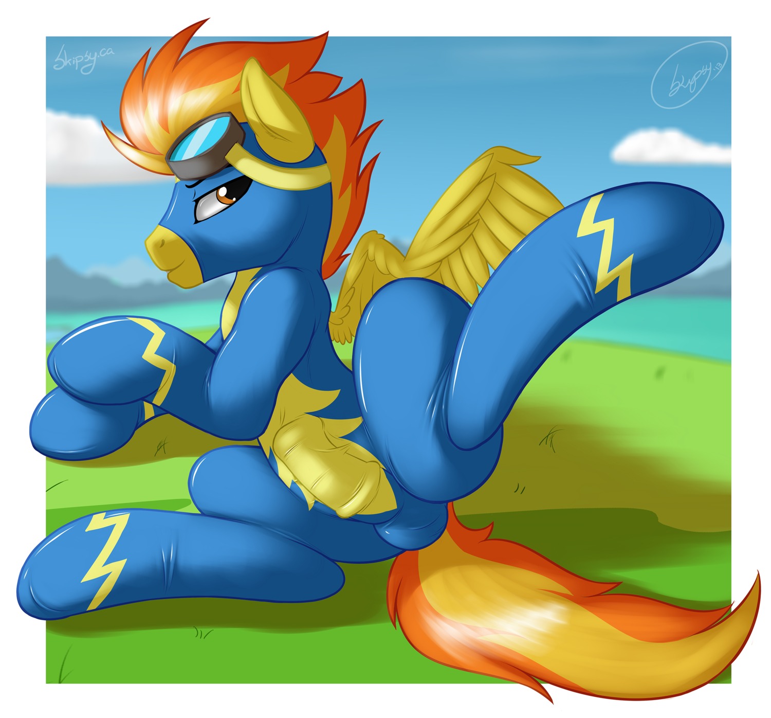 bulge crossgender e621 equid equine erection eyewear feathered_wings feathers feral friendship_is_magic ftm_crossgender genitals goggles hasbro hi_res male mammal my_little_pony mythological_creature mythological_equine mythology pegasus penis skipsy solo spitfire_(mlp) tail wings wonderbolts_(mlp) yellow_body yellow_feathers