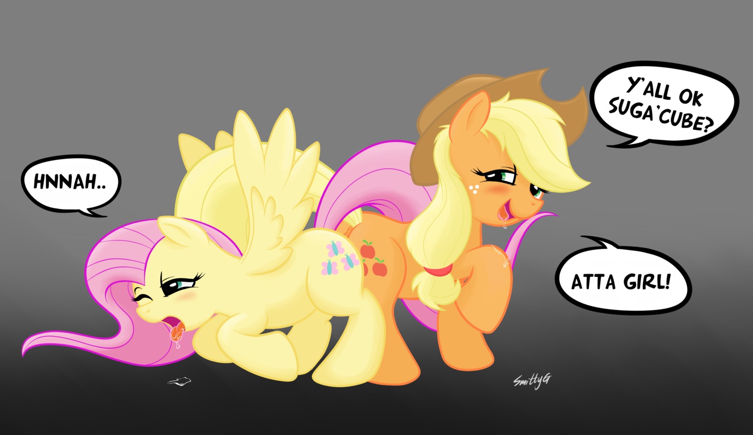 anus applejack_(mlp) ass_to_ass blonde_hair bodily_fluids butt cutie_mark dildo double_dildo drooling duo e621 earth_pony english_text equid equine feathered_wings feathers female female/female feral feral_on_feral fluttershy_(mlp) freckles friendship_is_magic green_eyes grumblepluck hair hasbro hi_res horse intraspecies looking_back mammal my_little_pony mythological_creature mythological_equine mythology obscured_genitals obscured_sex obscured_tribadism obscured_vaginal one_eye_closed pegasus pink_hair pony quadruped saliva sex sex_toy simple_background tail text tribadism vaginal wing_boner wings yellow_body yellow_feathers