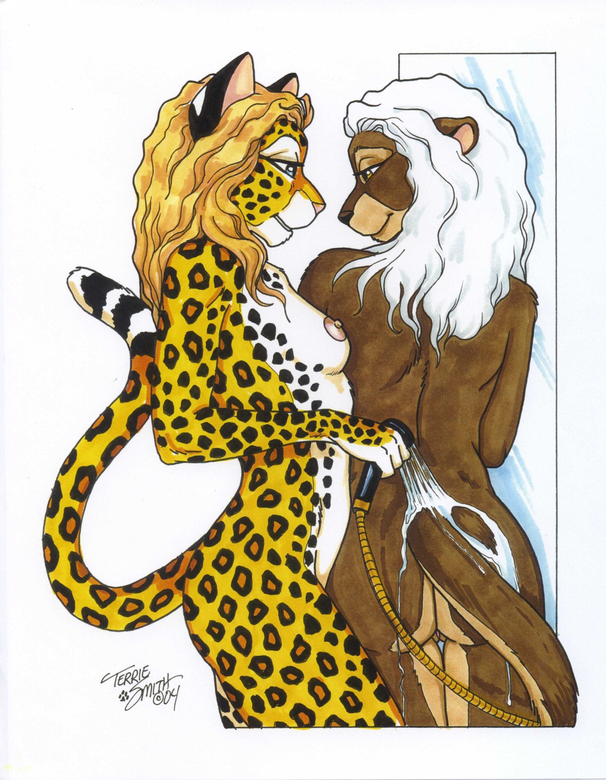 2004 anthro ass back breasts couple feline female fur furry high_resolution leopard mustelid otter pussy rule34 shower sideboob tail terrie_smith yuri