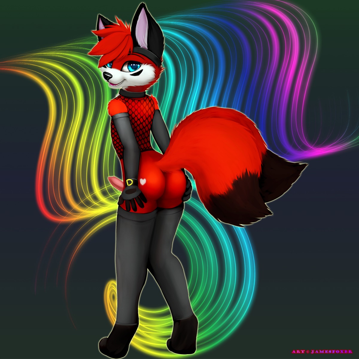 1:1 2013 anthro biped blue_eyes bottomless butt canid canine clothed clothing collar colored crossdressing digital_media_(artwork) e621 erection femboy fishnet_clothing fox fur genitals hair hi_res jamesfoxbr jonhs_figthers legwear looking_at_viewer looking_back male mammal open_mouth penis red_body red_fur shaded simple_background smile solo standing stockings tongue