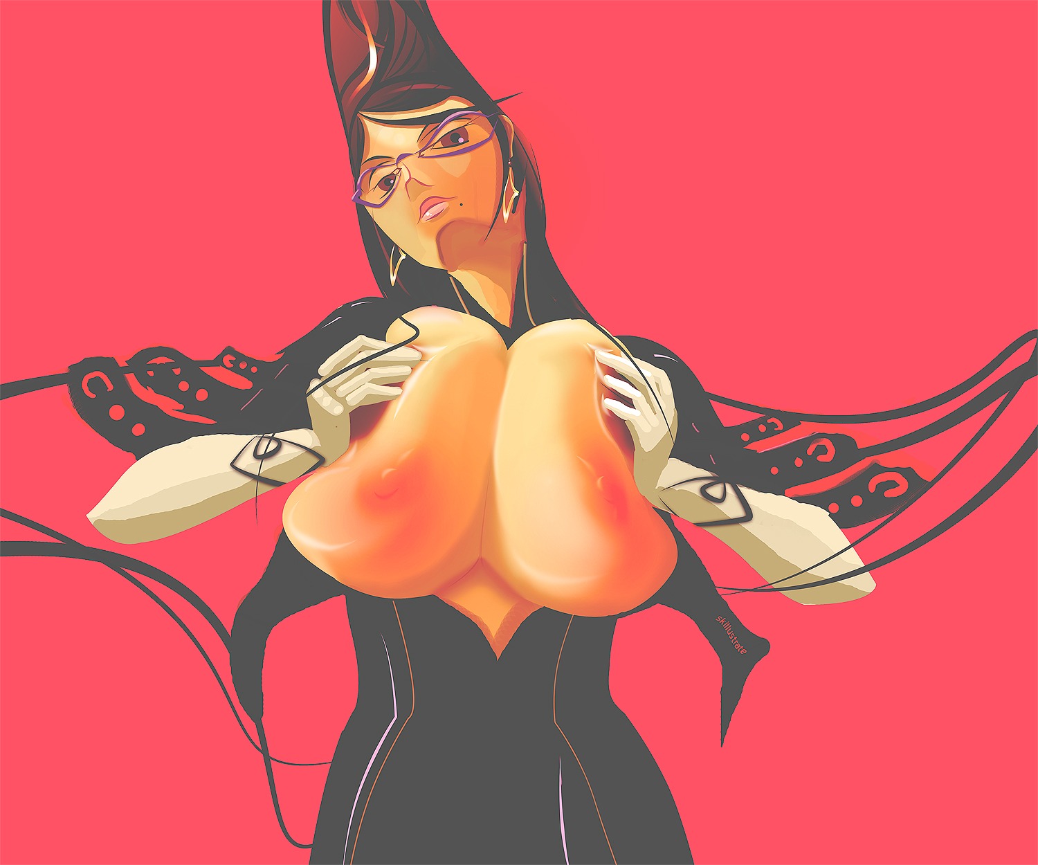 1girls bayonetta bayonetta_(character) bodysuit breast_squeeze breasts cleavage_cutout earrings female glasses gloves hair_bun highres huge_breasts jewelry mole nipples rule34 sega simple_background skillustrate solo