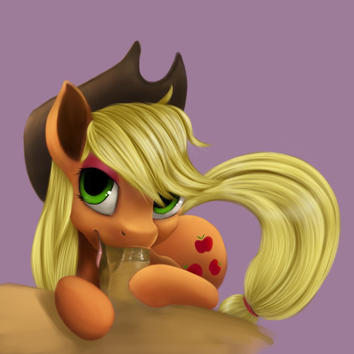 1:1 2013 applejack_(mlp) blonde_hair clothed clothing cowboy_hat cutie_mark duo dustyvalentino e621 earth_pony equid equine erection eyelashes eyeshadow faceless_character faceless_male fellatio female female_focus female_penetrated feral friendship_is_magic fur genitals green_eyes hair hasbro hat headgear headwear hi_res hooves horse makeup male male/female male_on_feral male_penetrating male_penetrating_female mammal my_little_pony oral oral_penetration orange_body orange_fur penetration penile penis pony purple_background sex simple_background solo_focus tongue tongue_out vein