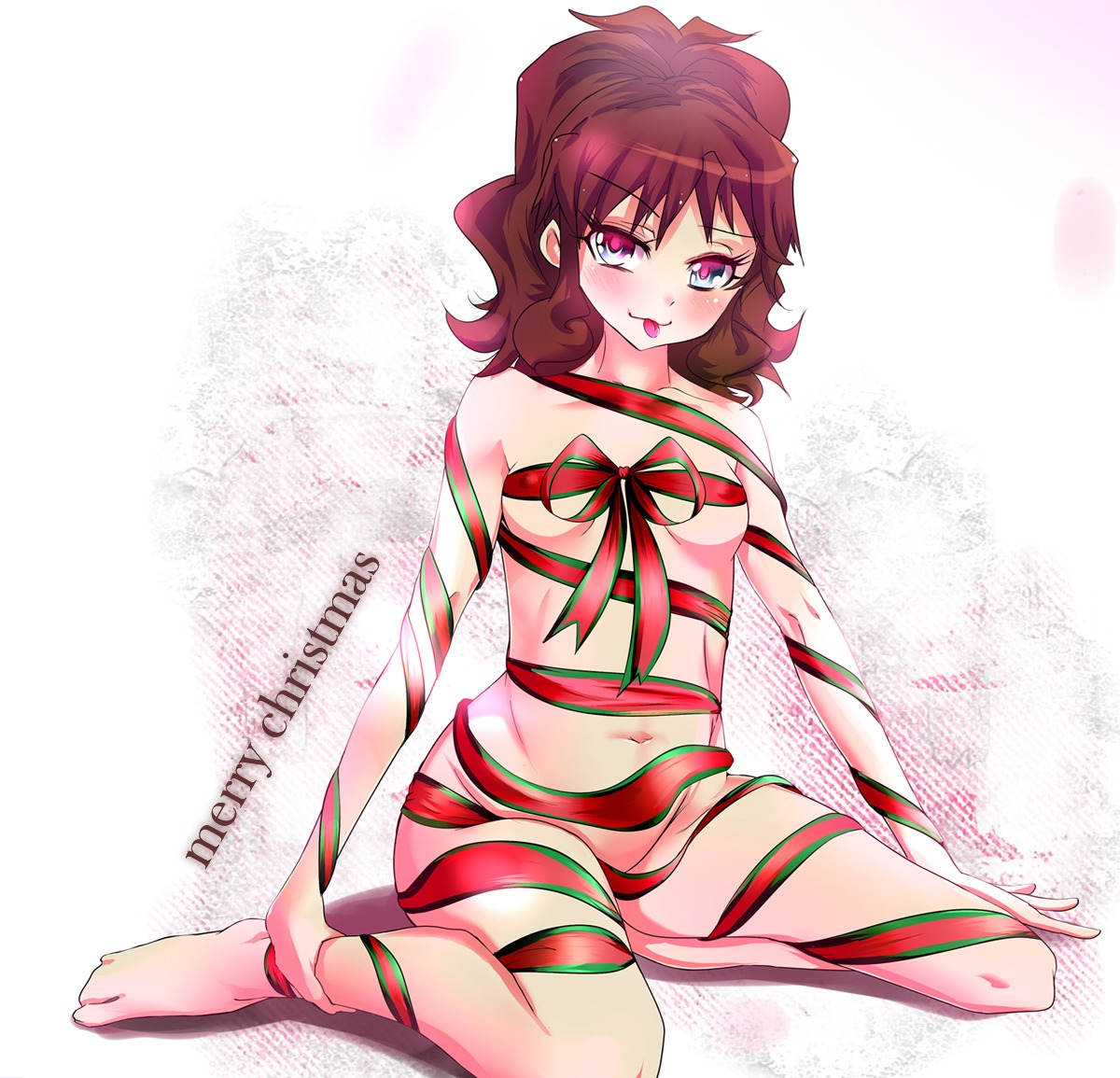 blush breasts christmas color female female_only hilda_(pokemon) human nipples pokemon ribbon rule34 sitting solo tagme