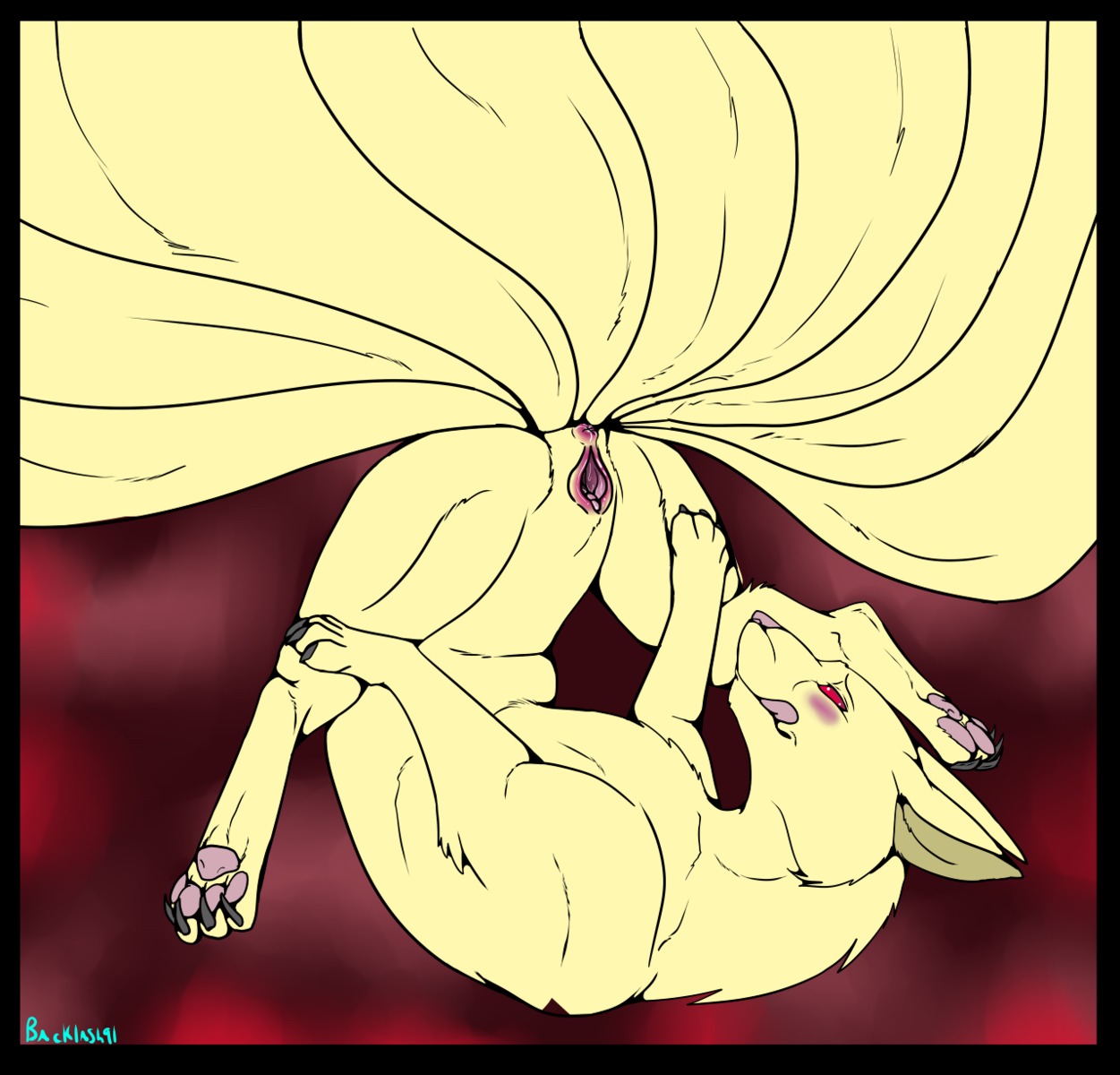 4_toes anus backlash91 black_border border butt canid canine claws conditional_dnp digital_media_(artwork) digitigrade e621 feet female feral flexible gaping gaping_vagina generation_1_pokemon genitals hi_res hindpaw legs_behind_head legs_up licking licking_lips licking_own_lips lying mammal multi_tail ninetales nintendo nude on_back pawpads paws pokemon pokemon_(species) presenting presenting_hindquarters red_eyes self_lick simple_background soles solo spread_legs spreading tail toes tongue tongue_out vulva