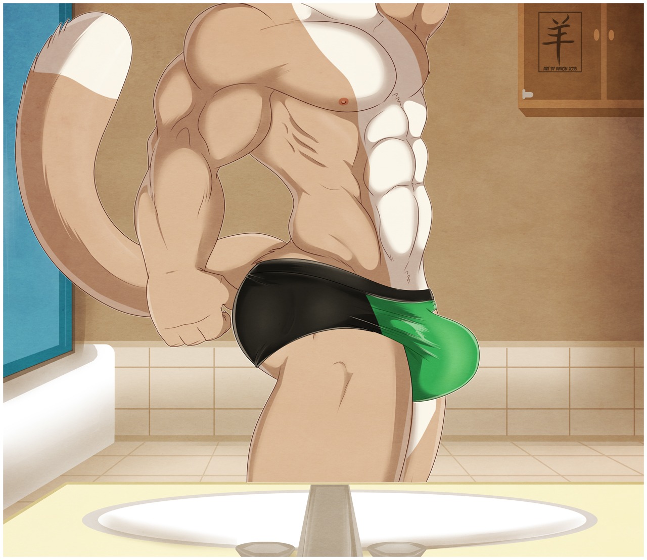 2013 aaron_(artist) abs anthro athletic bathroom biceps big_muscles black_bottomwear black_clothing border bottomwear brown_body brown_fur bulge clothed clothing cougar digital_media_(artwork) e621 erection erection_under_clothing felid feline fur green_bottomwear green_clothing male mammal muscular muscular_anthro muscular_male nipples pecs pose side_view solo speedo swimwear talent tan_body tan_fur tight_bottomwear tight_clothing topless torso_shot underwear white_body white_border white_fur