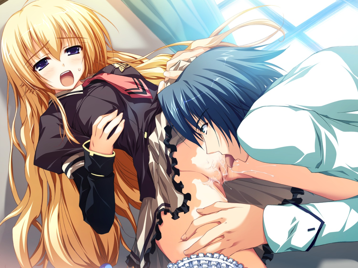 1boy 1girls akatsuki_no_goei asagiri_kaito blonde_hair blue_eyes blush breasts cameltoe clothes_lift decensored female game_cg highres kurayashiki_tae long_hair male medium_breasts no_panties open_mouth pussy pussy_juice rule34 school_uniform skirt skirt_lift straight tomose_shunsaku very_long_hair