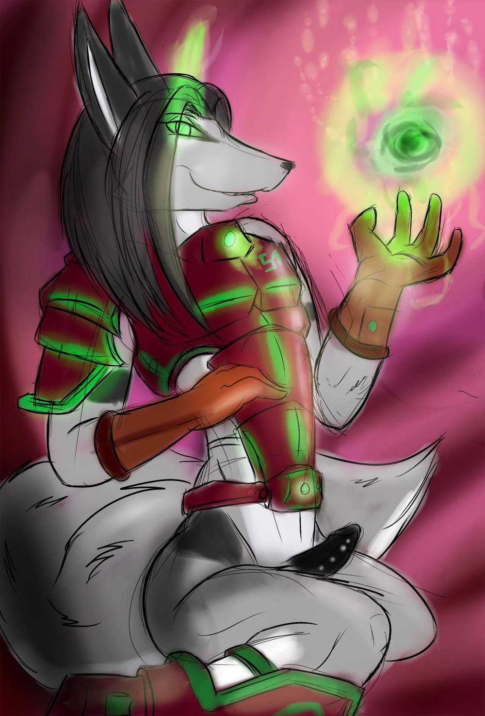 anthro armor canid canine digital_media_(artwork) e621 erection femboy fox genital_piercing genitals glowing hi_res magic makarimorph male mammal penis penis_piercing piercing sketch solo