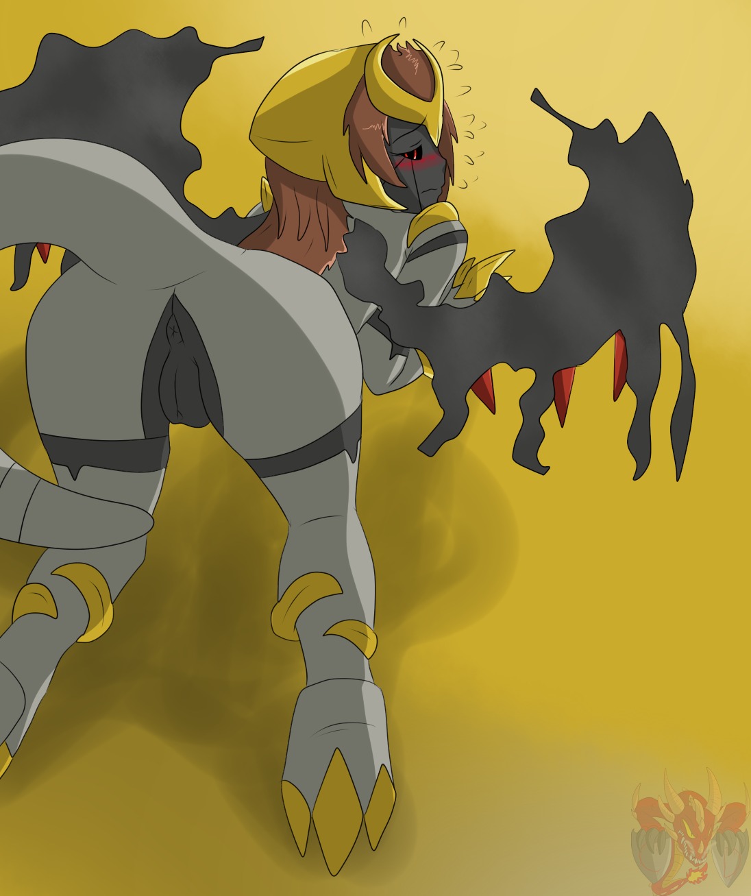altered_forme_giratina anthro anthrofied anus biped black_eyes blush brown_hair butt claws colordrake e621 eyelashes feet female frown generation_4_pokemon genitals giratina grey_body grey_skin hair hi_res legendary_pokemon long_hair looking_at_viewer looking_back nintendo nude pokemon pokemon_(species) pokemorph presenting presenting_hindquarters presenting_vulva rear_view red_eyes shadow simple_background solo toe_claws vulva white_body white_skin wings yellow_background