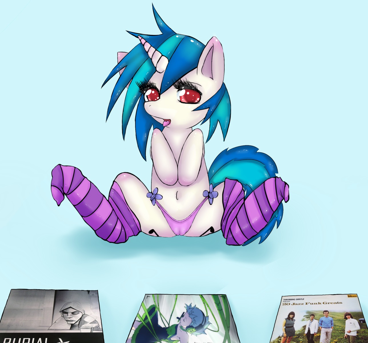 blue_hair camel_toe clothing e621 english_text equid equine ezkarpy female feral footwear friendship_is_magic fur hair hasbro hi_res horn legwear mammal multicolored_hair my_little_pony mythological_creature mythological_equine mythology navel panties red_eyes socks solo tail text tongue tongue_out two_tone_hair underwear unicorn vinyl_scratch_(mlp) white_body white_fur