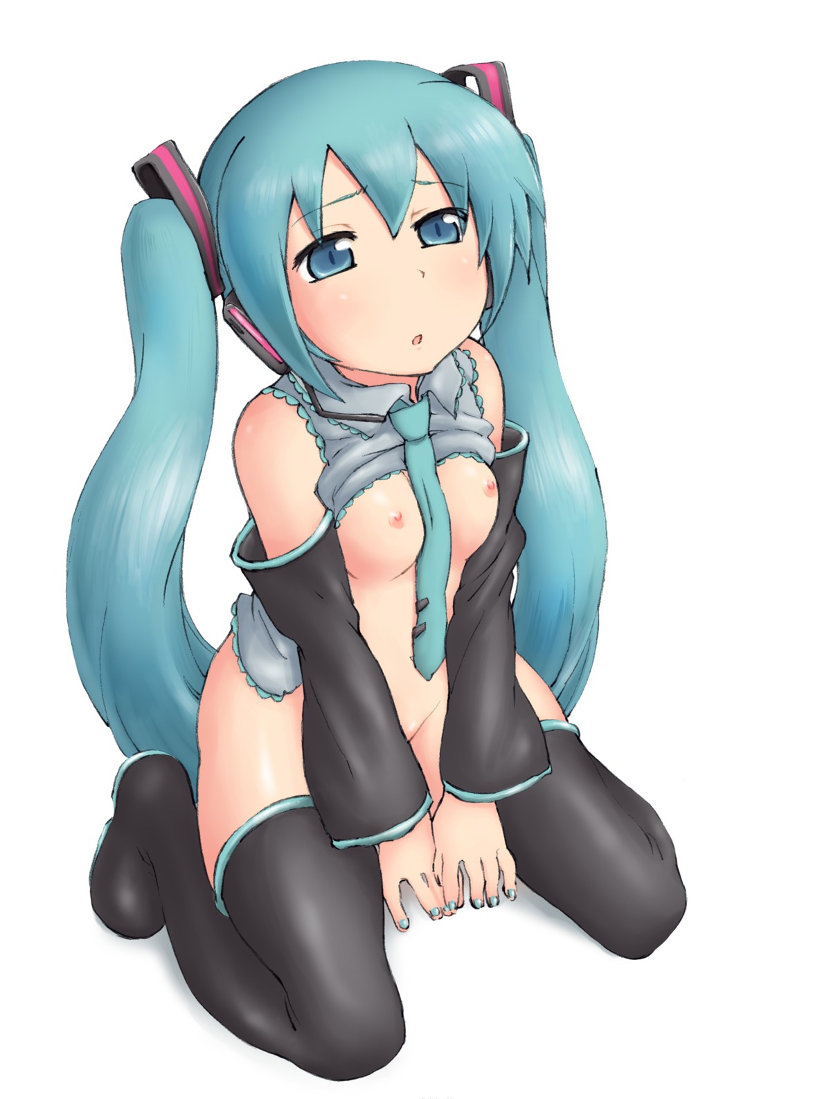1girl aqua_eyes aqua_hair bottomless breasts clothes_lift detached_sleeves female from_above hatsune_miku highres kneeling lasto long_hair nail_polish necktie nipples rule34 shirt_lift simple_background sitting small_breasts solo thigh_boots thighhighs tied_hair twintails very_long_hair vocaloid