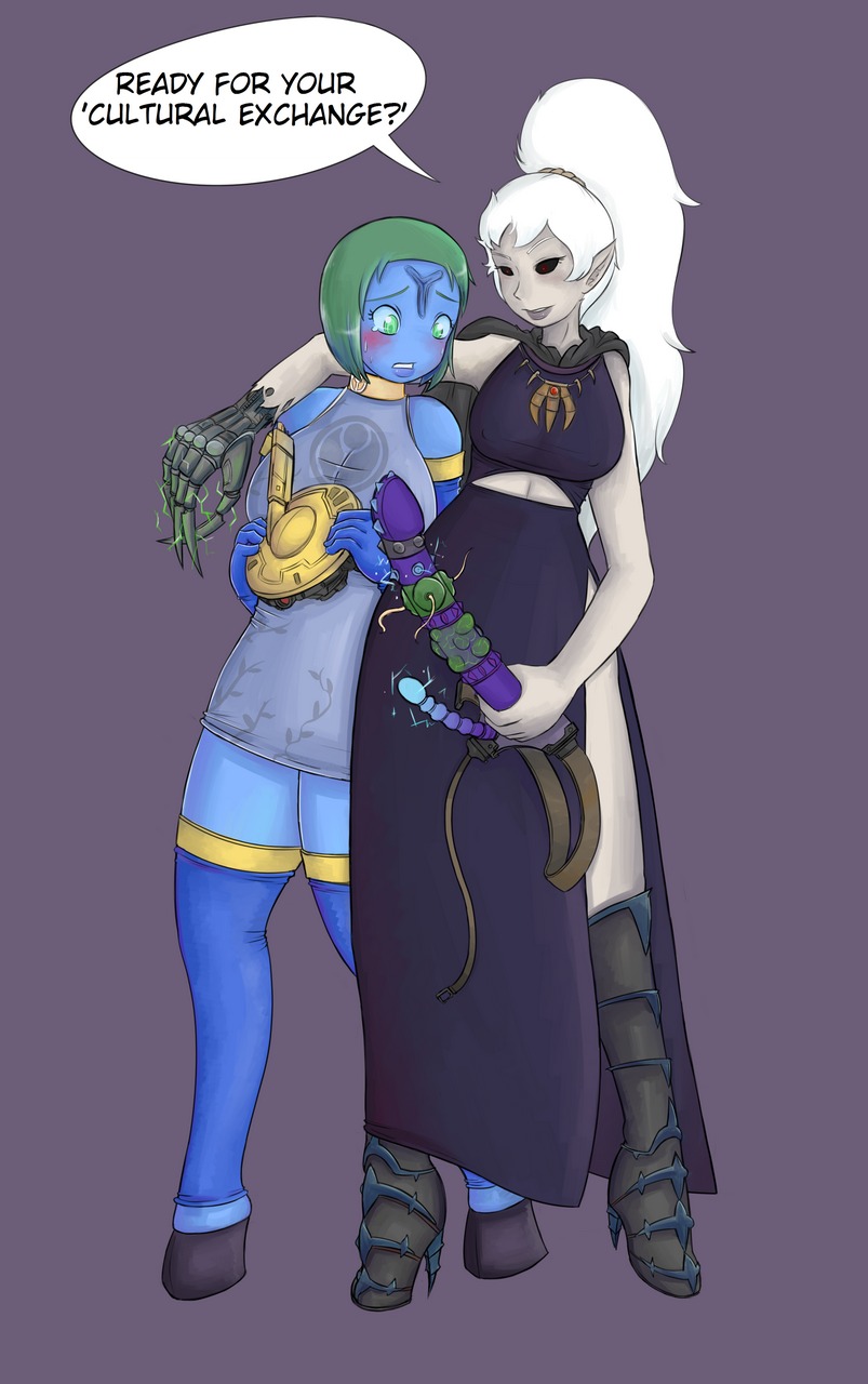 2girls basketgardevoir black_eyes black_pupils black_sclera blue_skin dark_eldar dialogue drukhari english_text female female_only fully_black_eyes rule34 speech_bubble tagme tau text warhammer_(franchise) warhammer_40k