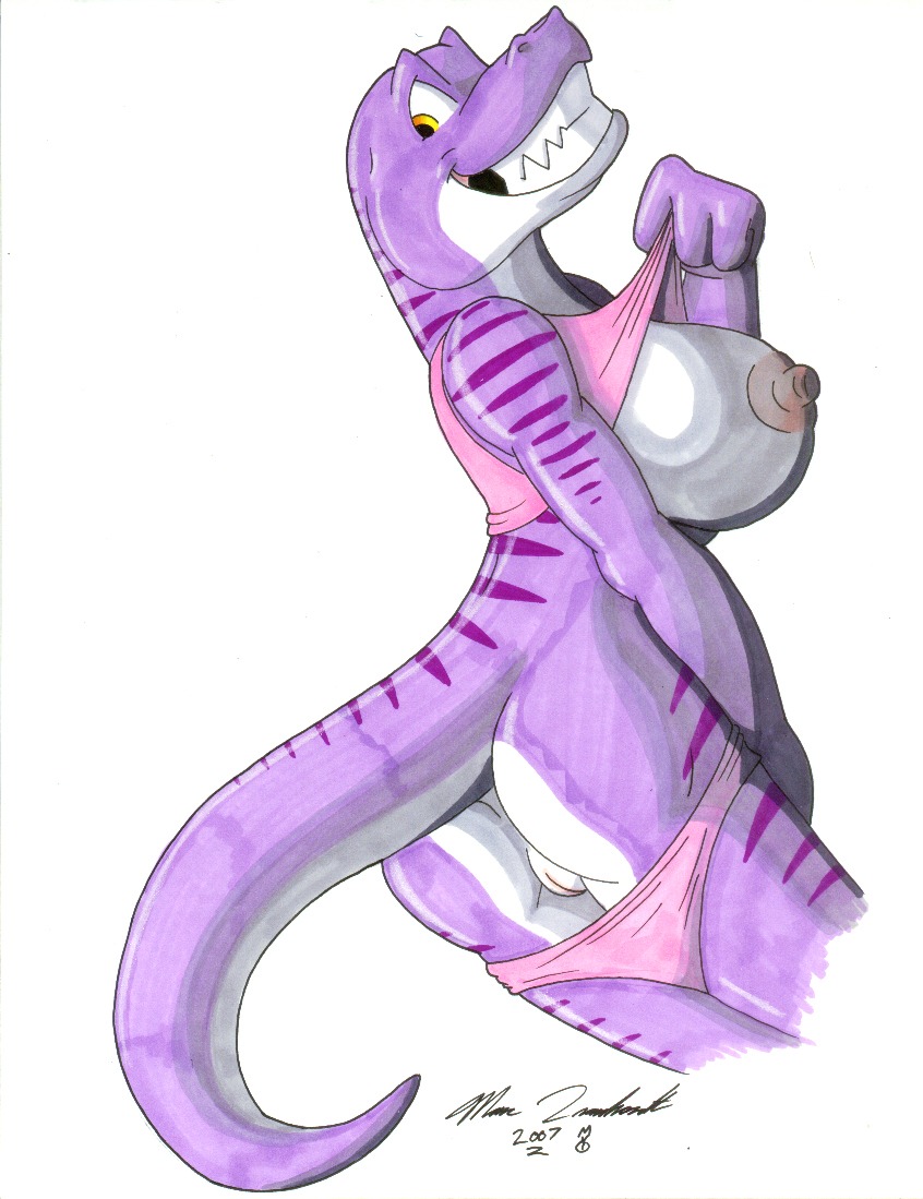 anthro bottomwear breasts clothing denim denim_bottomwear denim_clothing dinosaur e621 female genitals jeans marc_leonhardt nipples non-mammal_breasts non-mammal_nipples pants plump_labia prehistoric_species reptile scalie solo tail vulva